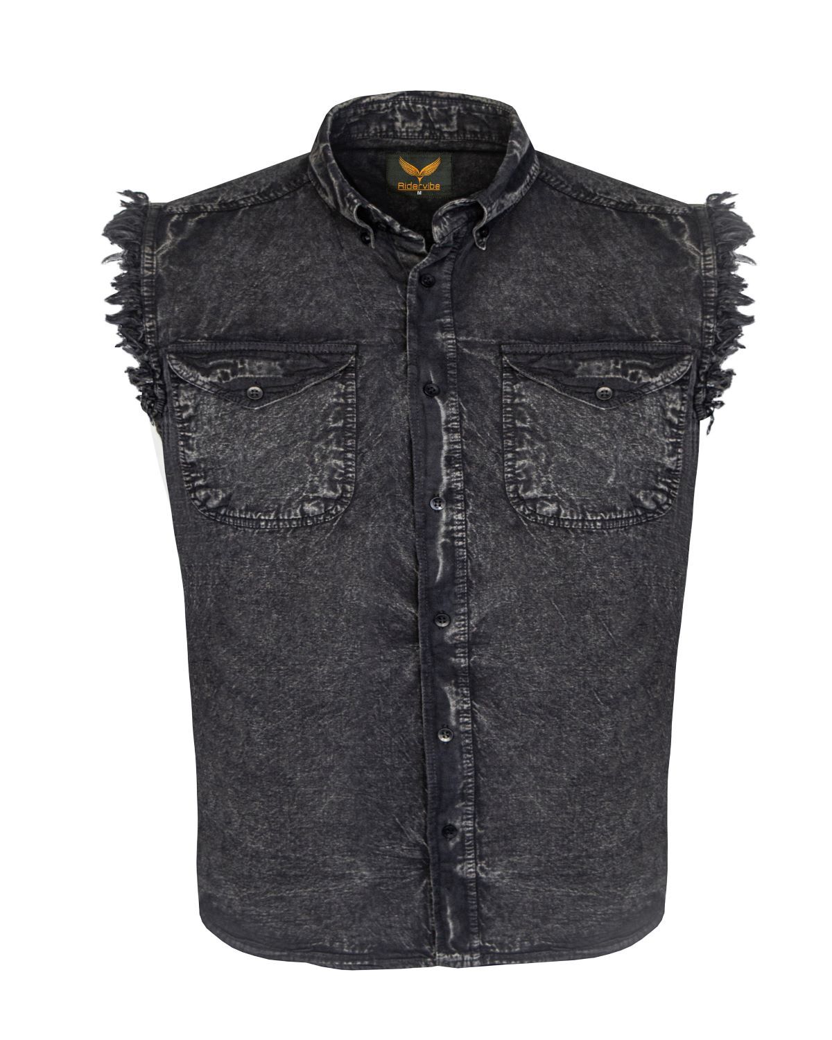 Mens Biker Cuttoff Cotton Shirt Stonewash Black