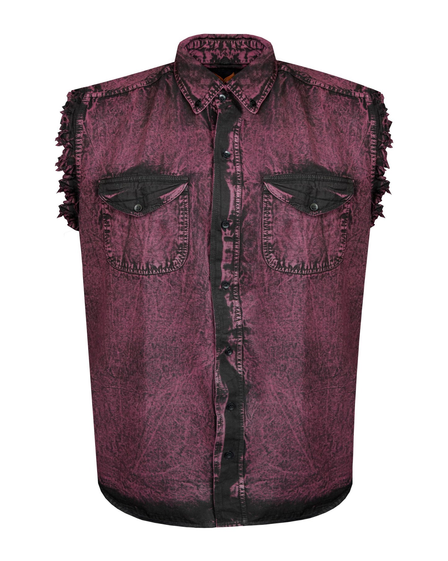Mens Biker Cuttoff Cotton Shirt Stonewash Burgundy