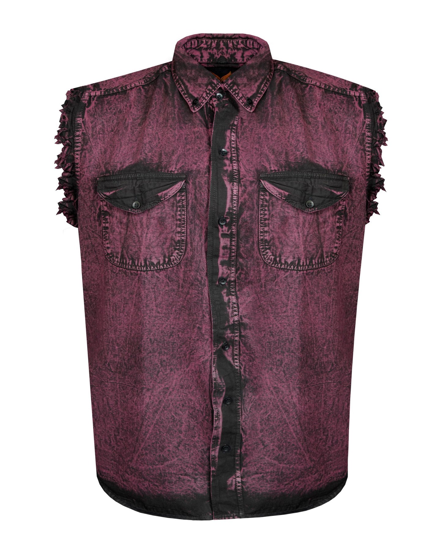 Mens Biker Cuttoff Cotton Shirt Stonewash Burgundy