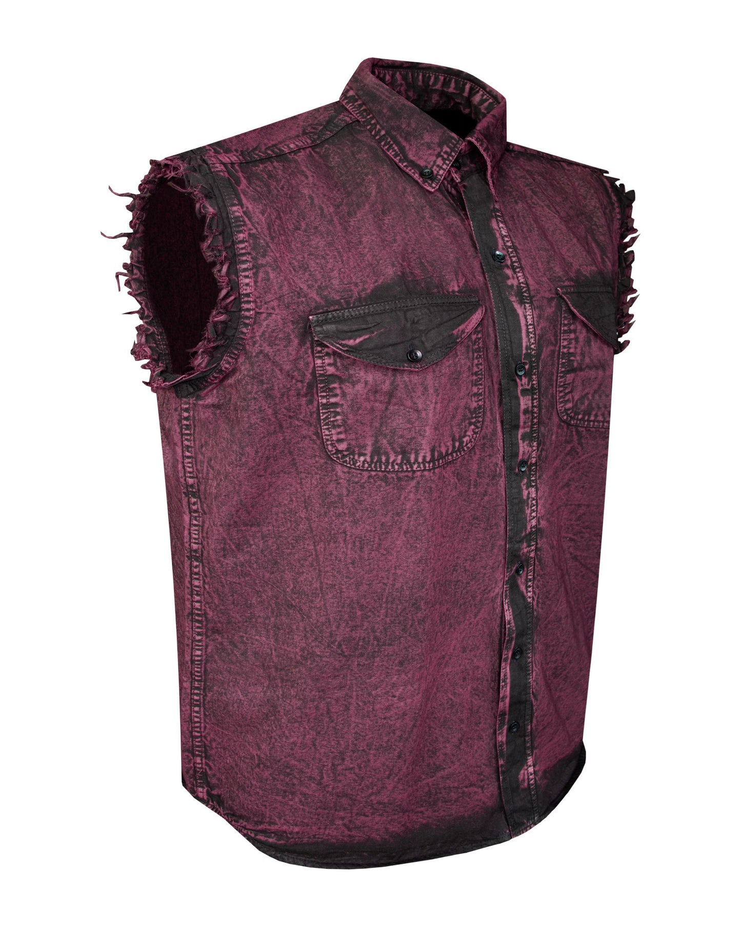 Mens Biker Cuttoff Cotton Shirt Stonewash Burgundy