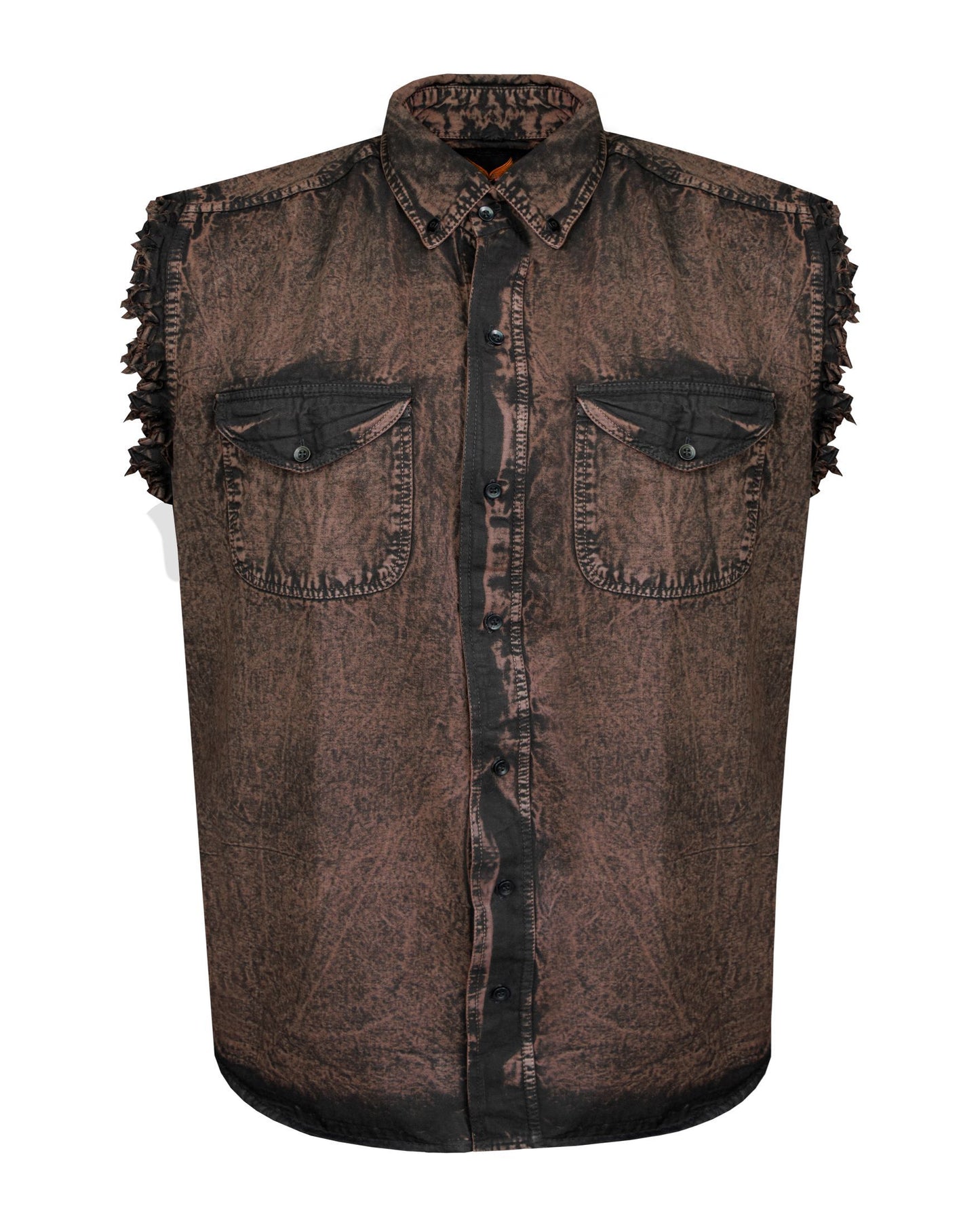 Mens Biker Cuttoff Cotton Shirt Stonewash Chocolate Brown