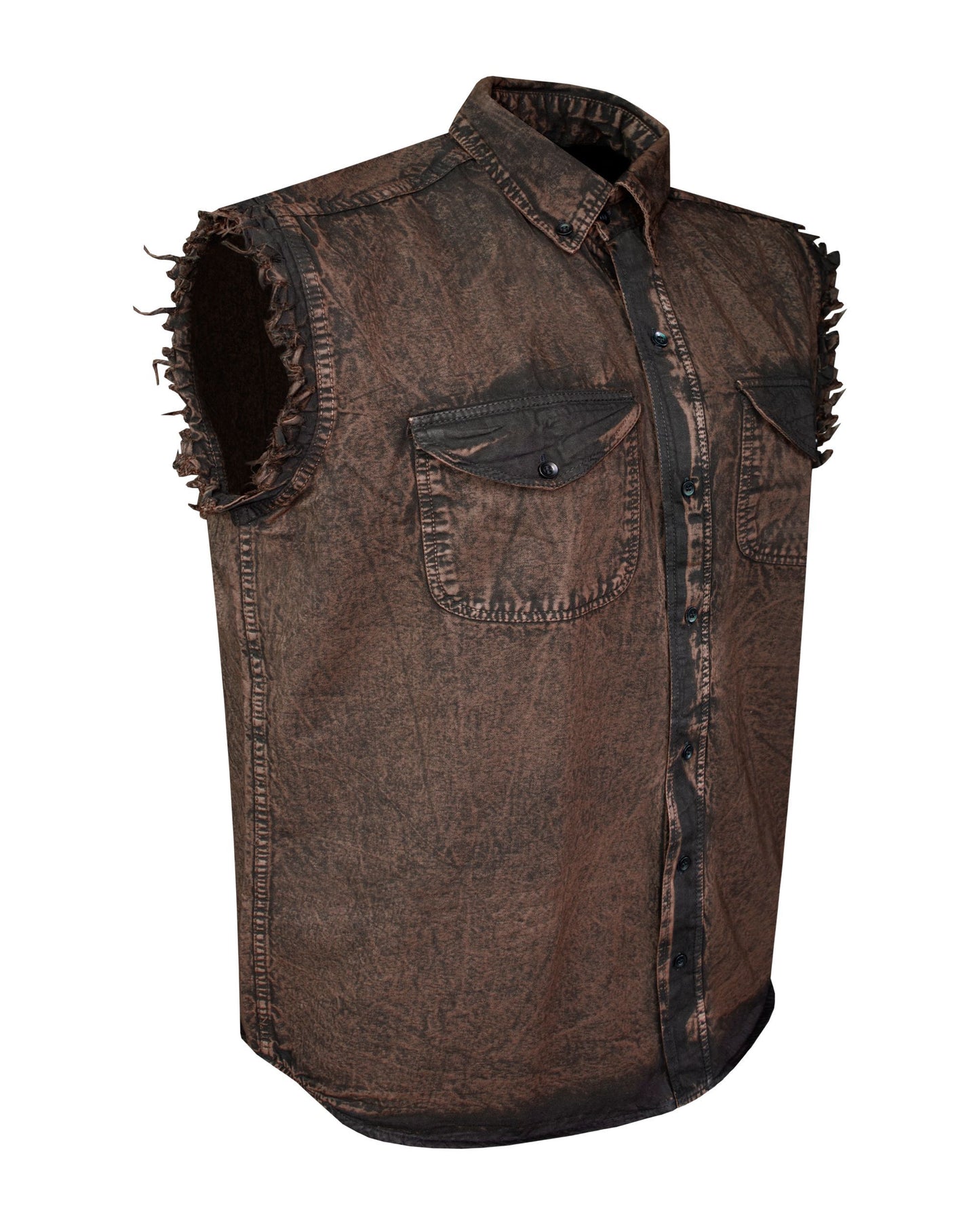 Mens Biker Cuttoff Cotton Shirt Stonewash Chocolate Brown