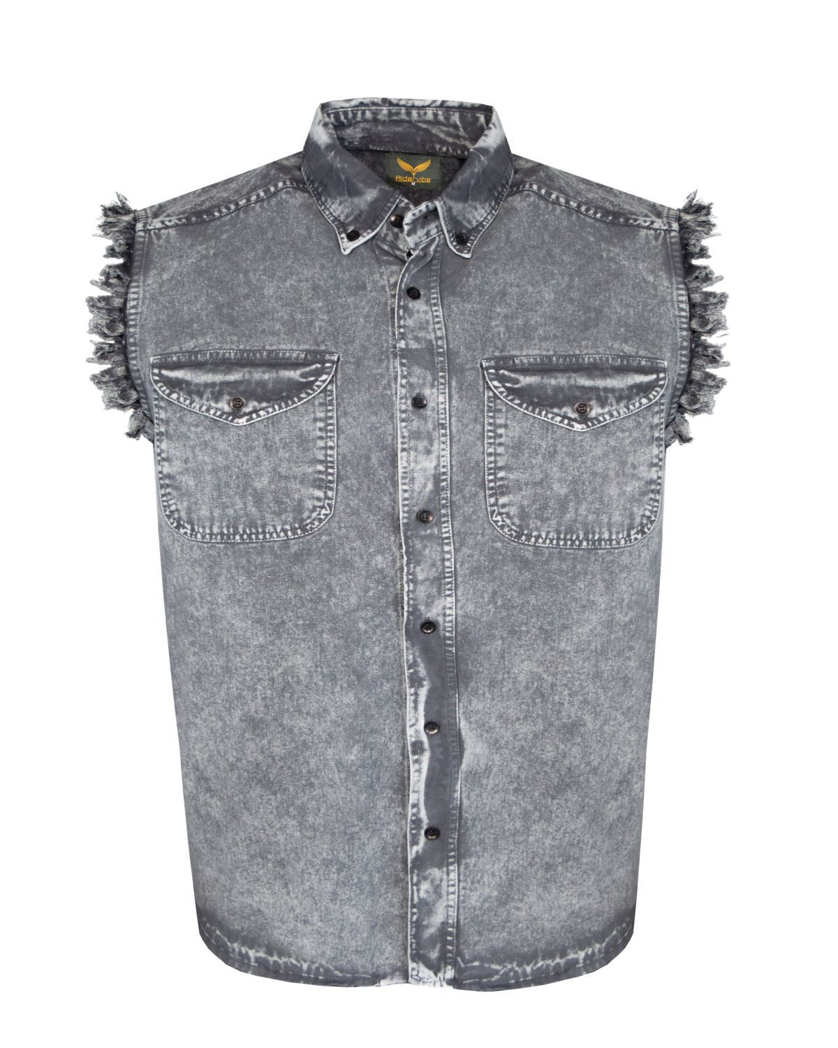 Mens Biker Cuttoff Cotton Shirt Stonewash Grey