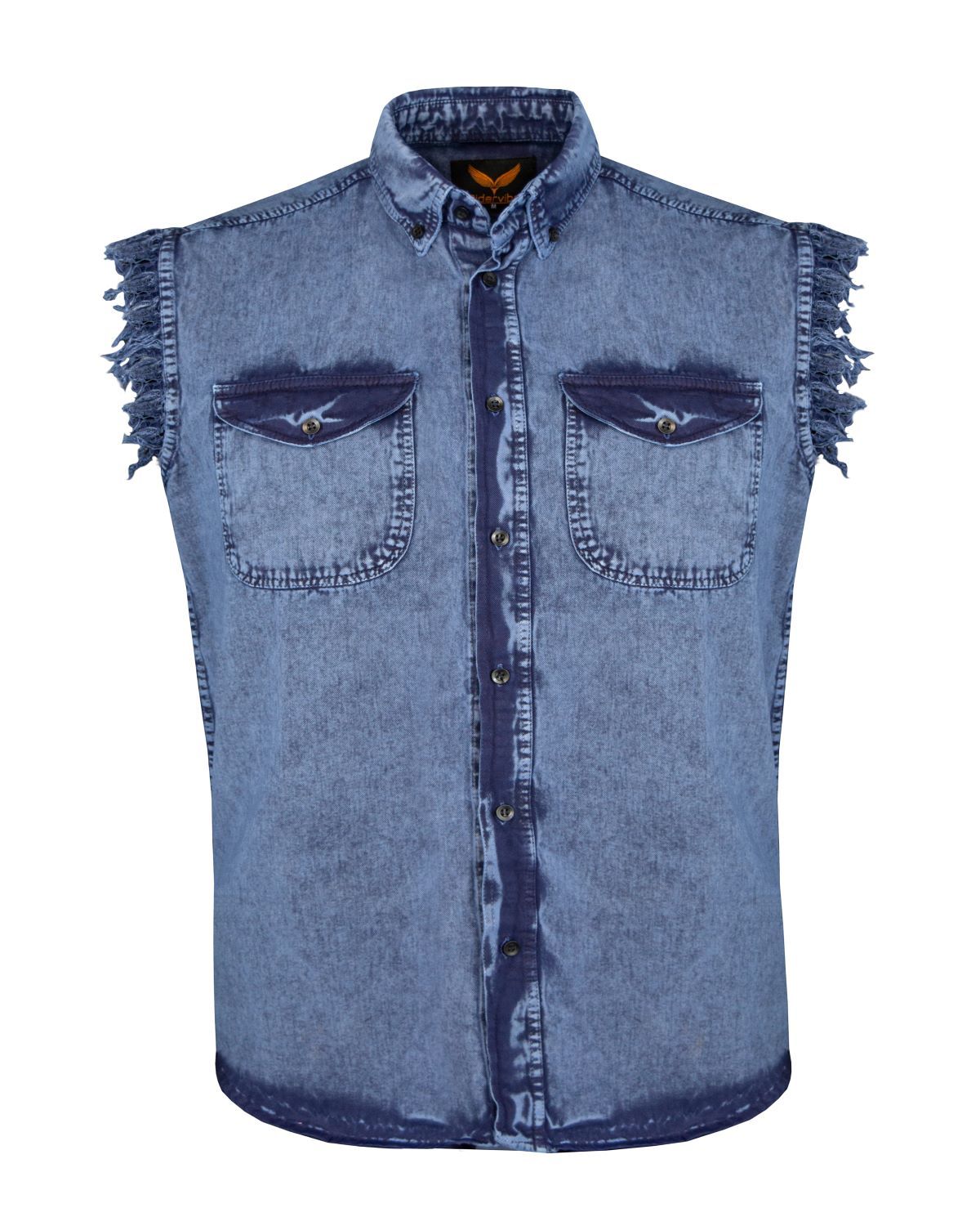 Mens Biker Cuttoff Cotton Shirt Stonewash Royal Blue