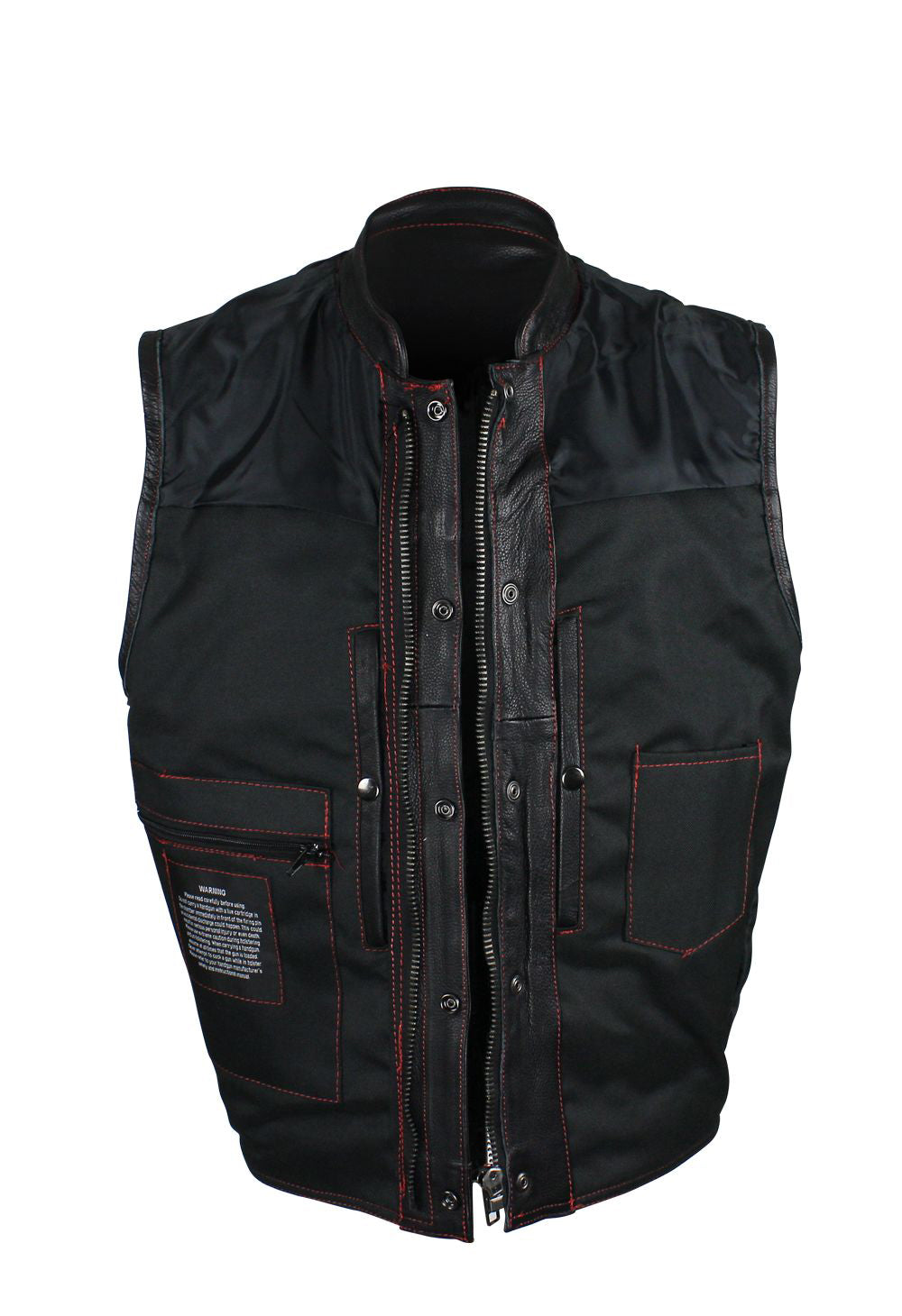 Men's Black Naked Cowhide Leather Motorcycle Vest W/ Red Stitching