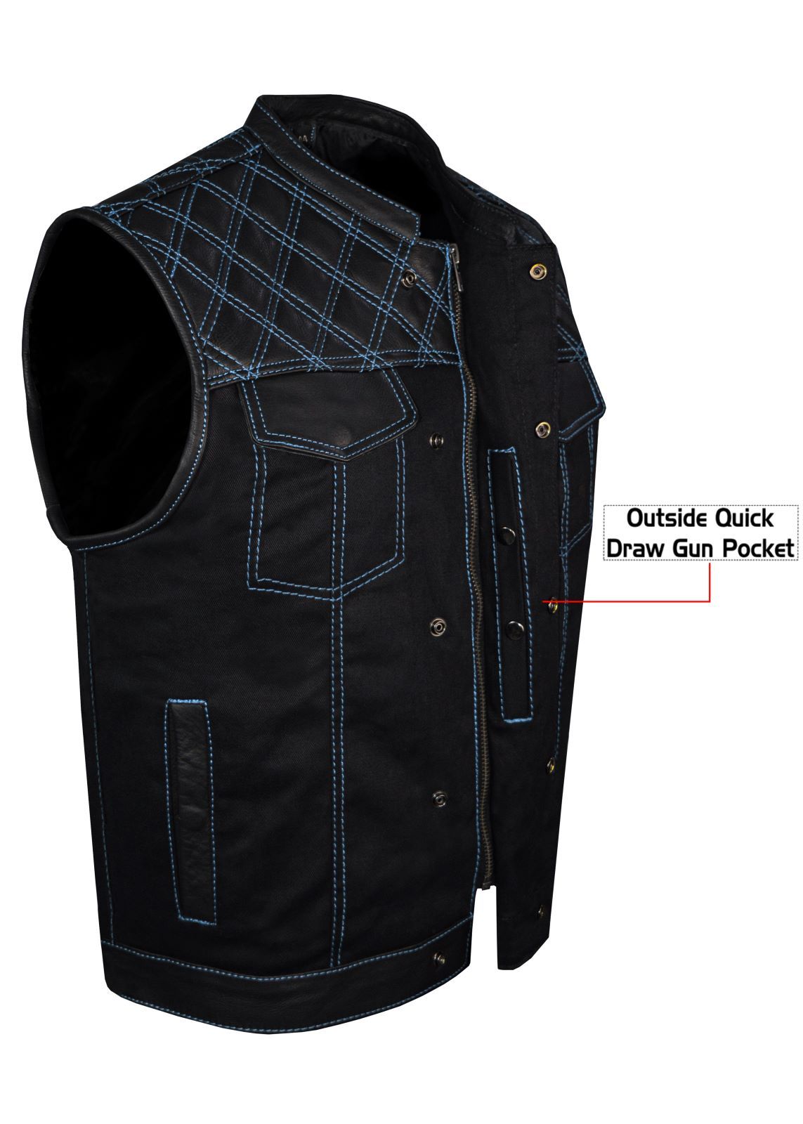 Mens Black Denim & Leather Motorcycle Club Vest Blue Thread Zipper Front, Diamond Padding