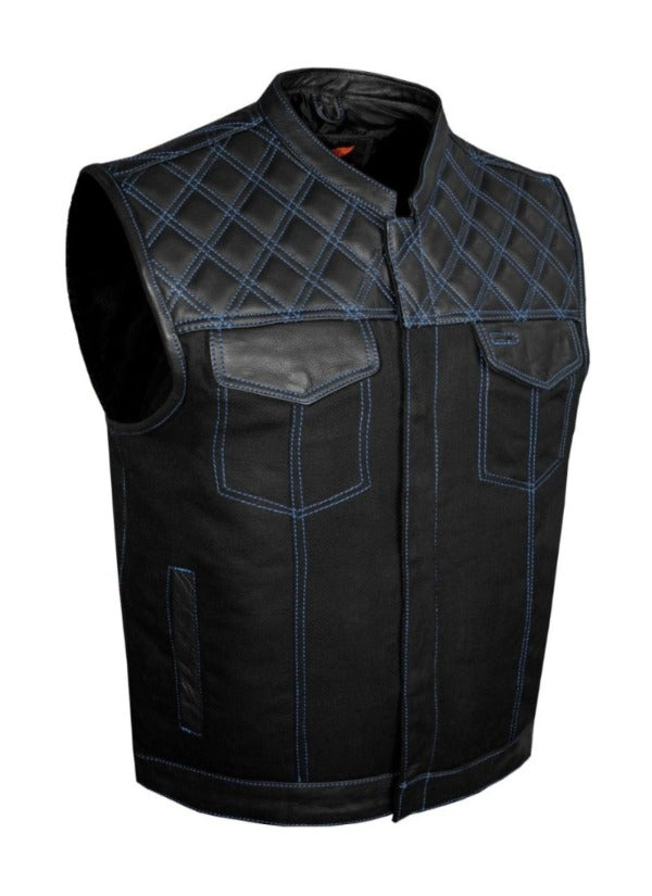 Mens Black Denim & Leather Motorcycle Club Vest Blue Thread Zipper Front, Diamond Padding