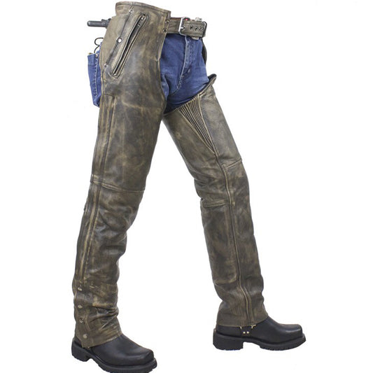 Mens Distressed Brown Leather Motorcycle Chaps