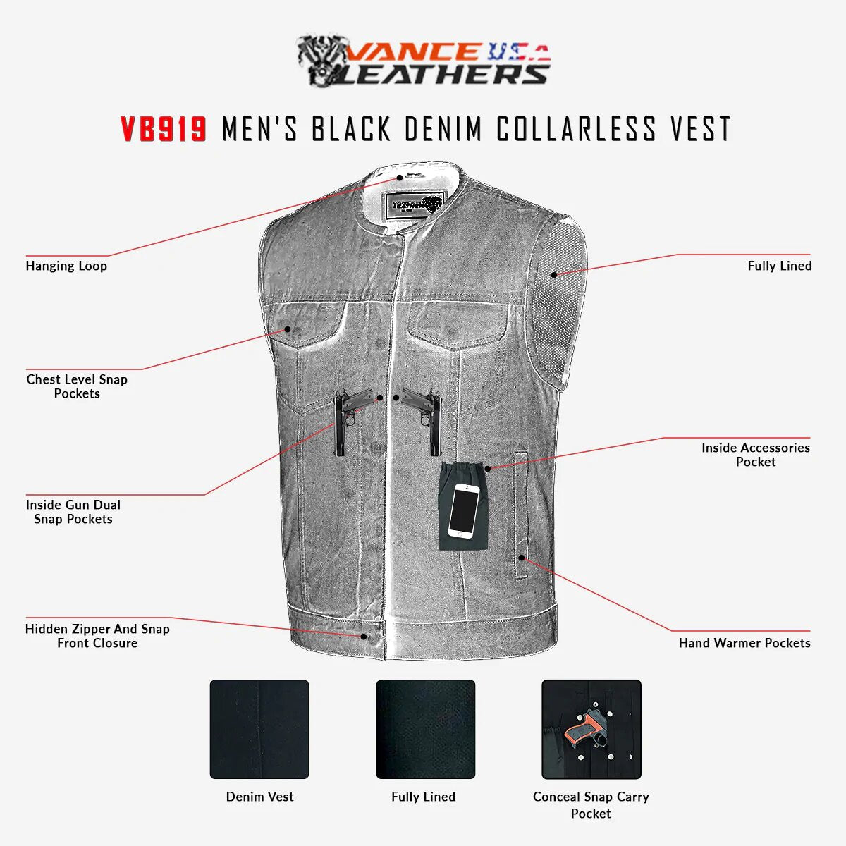 Men's Black Denim Collarless Vest