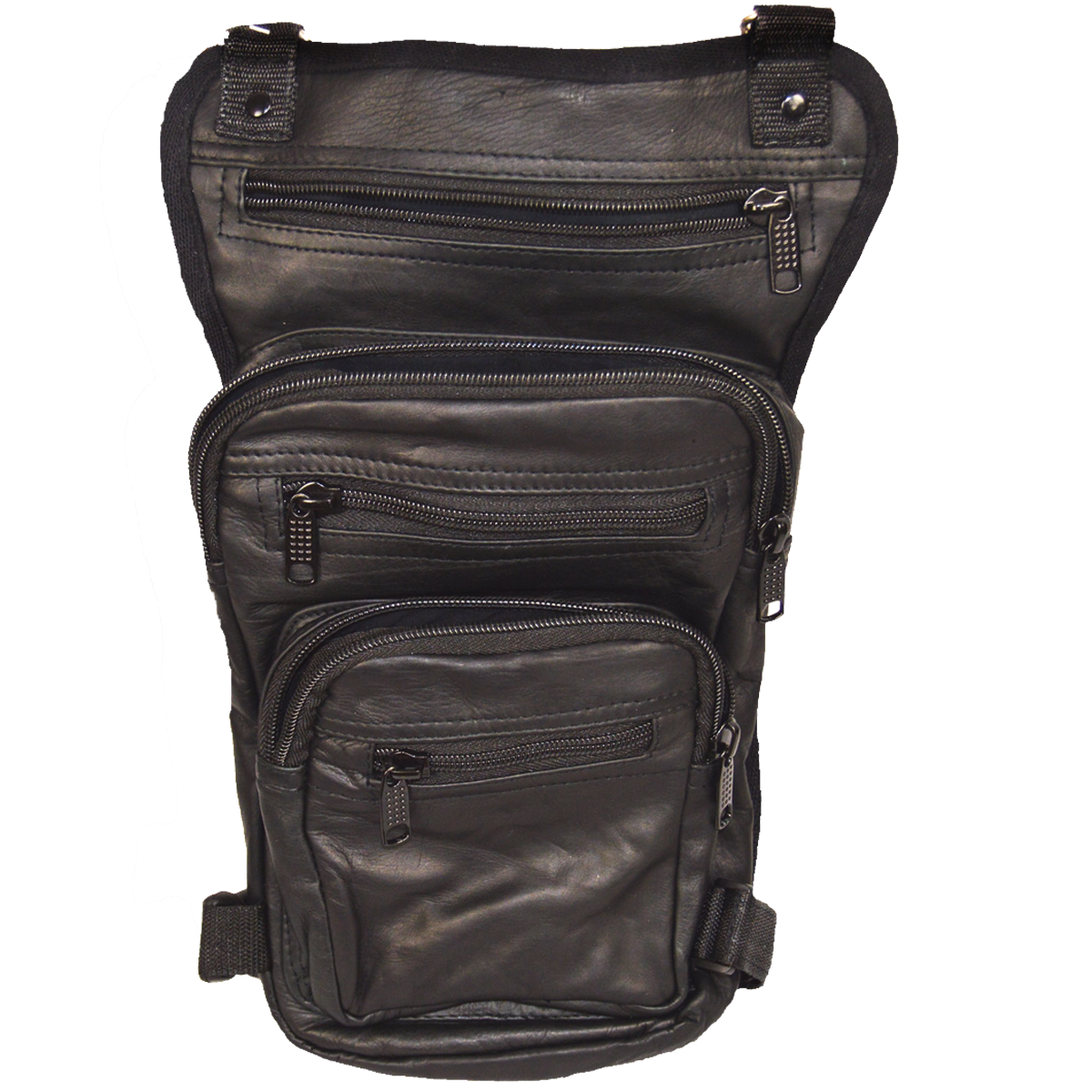 BLACK CARRY LEATHER THIGH BAG WITH WAIST BELT AND CONCEALED GUN POCKET