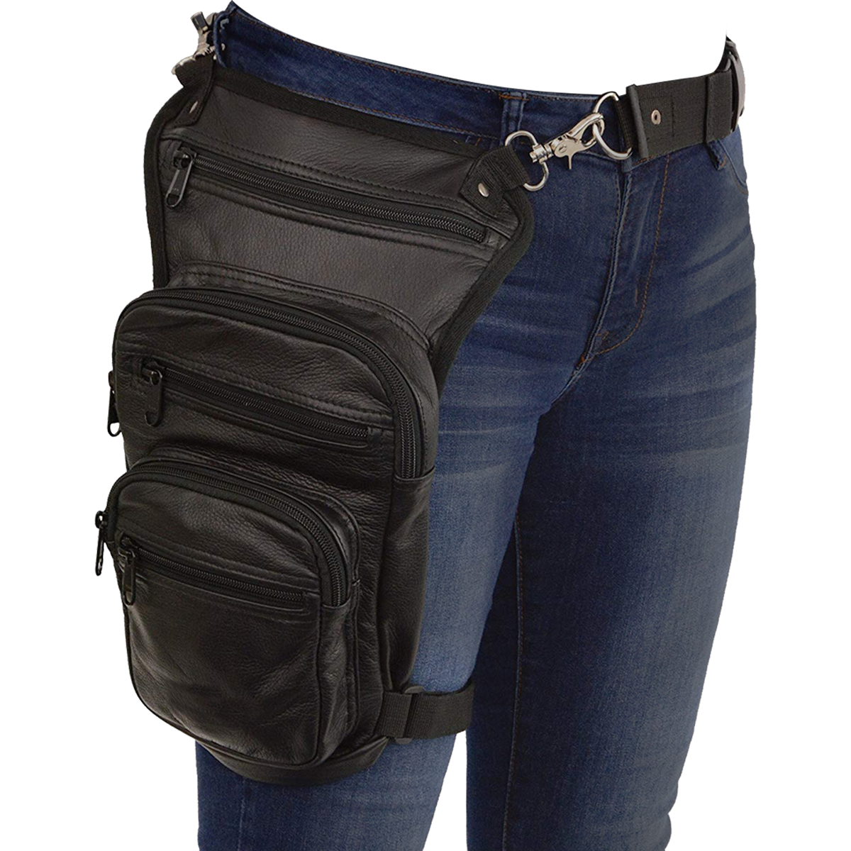 BLACK CARRY LEATHER THIGH BAG WITH WAIST BELT AND CONCEALED GUN POCKET