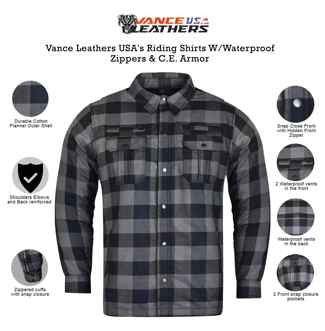 Men's Riding Flannel Shirts W/ Waterproof Zippers & Optional C.E. Armor (Available in 6 colors)