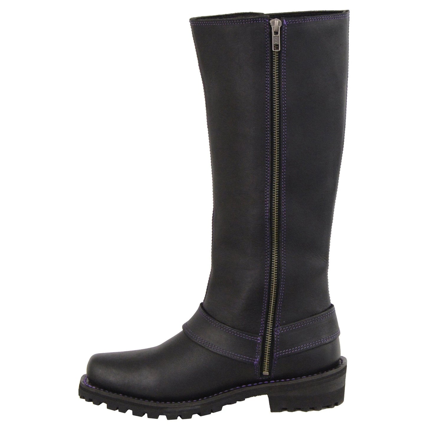 Milwaukee Leather MBL9366 Ladies Black 14 Inch Leather Harness Boots with Purple Accent Lacing