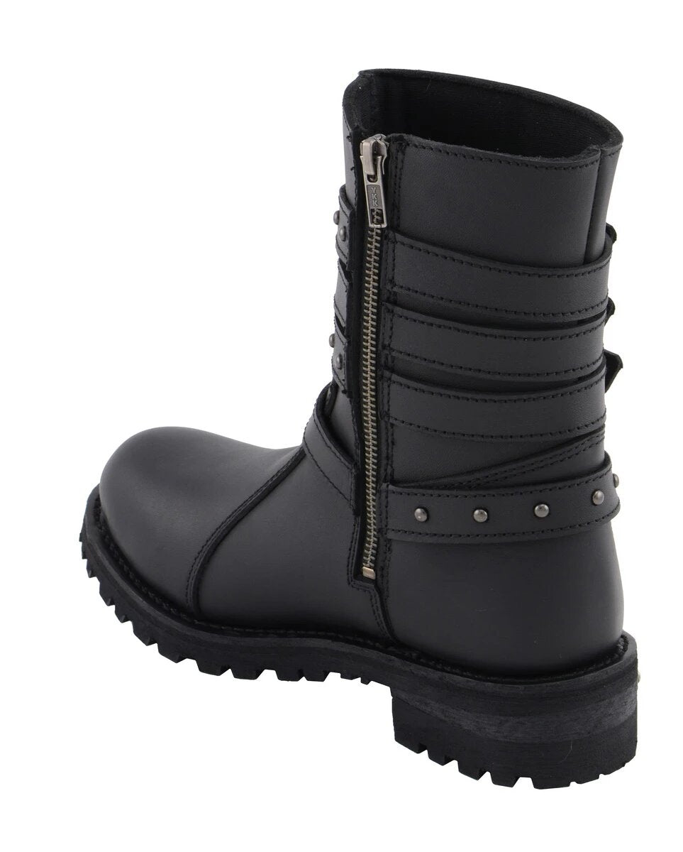 Womens 9 Inch Black Triple Buckle Leather Harness Boot with Side Zipper Entry