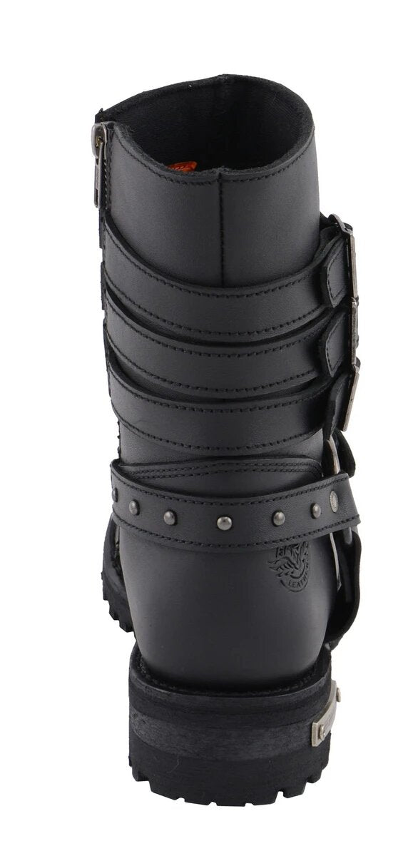 Womens 9 Inch Black Triple Buckle Leather Harness Boot with Side Zipper Entry