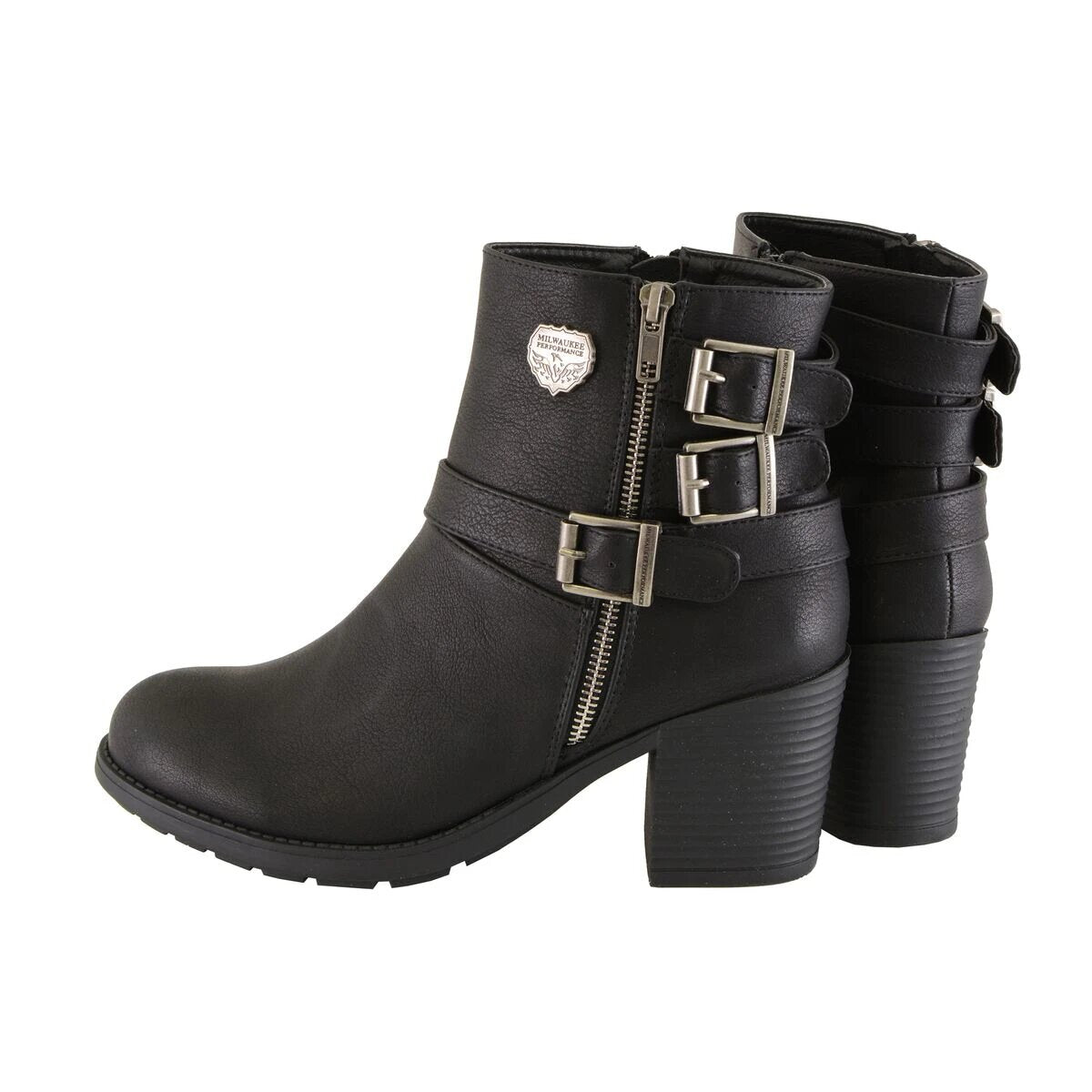 Womens Black Boots with Side Zipper and Triple Buckle Adjustment