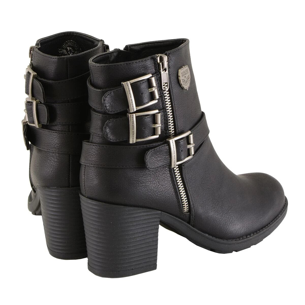 Womens Black Boots with Side Zipper and Triple Buckle Adjustment