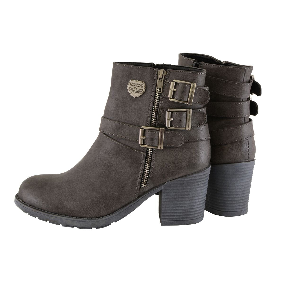 Womens Stone Grey Triple Buckle Side Zipper Boots with Platform Heel