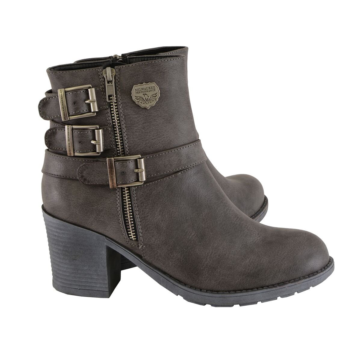 Womens Stone Grey Triple Buckle Side Zipper Boots with Platform Heel