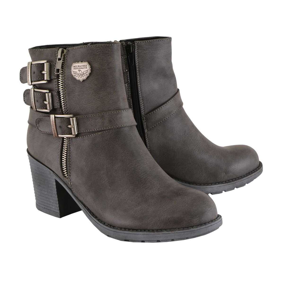 Womens Stone Grey Triple Buckle Side Zipper Boots with Platform Heel