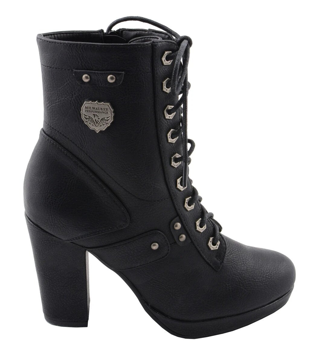 Milwaukee Performance MBL9418 Womens Black Lace-Up Platform Boots with Studded Accents