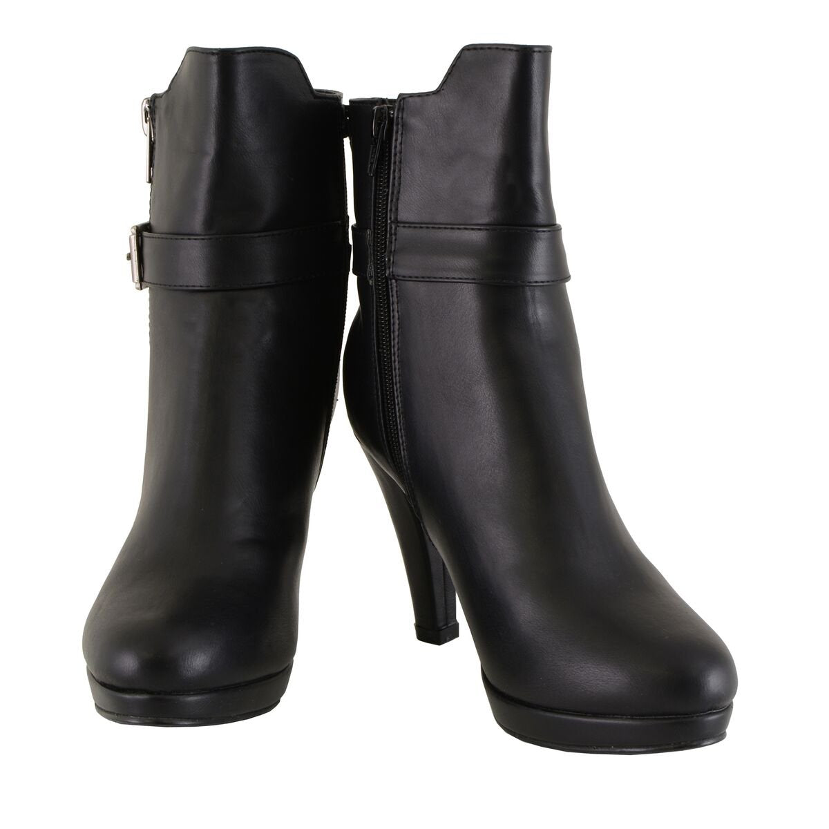 Womens Black Boots with Side Zipper Entry and Adjustable Buckle