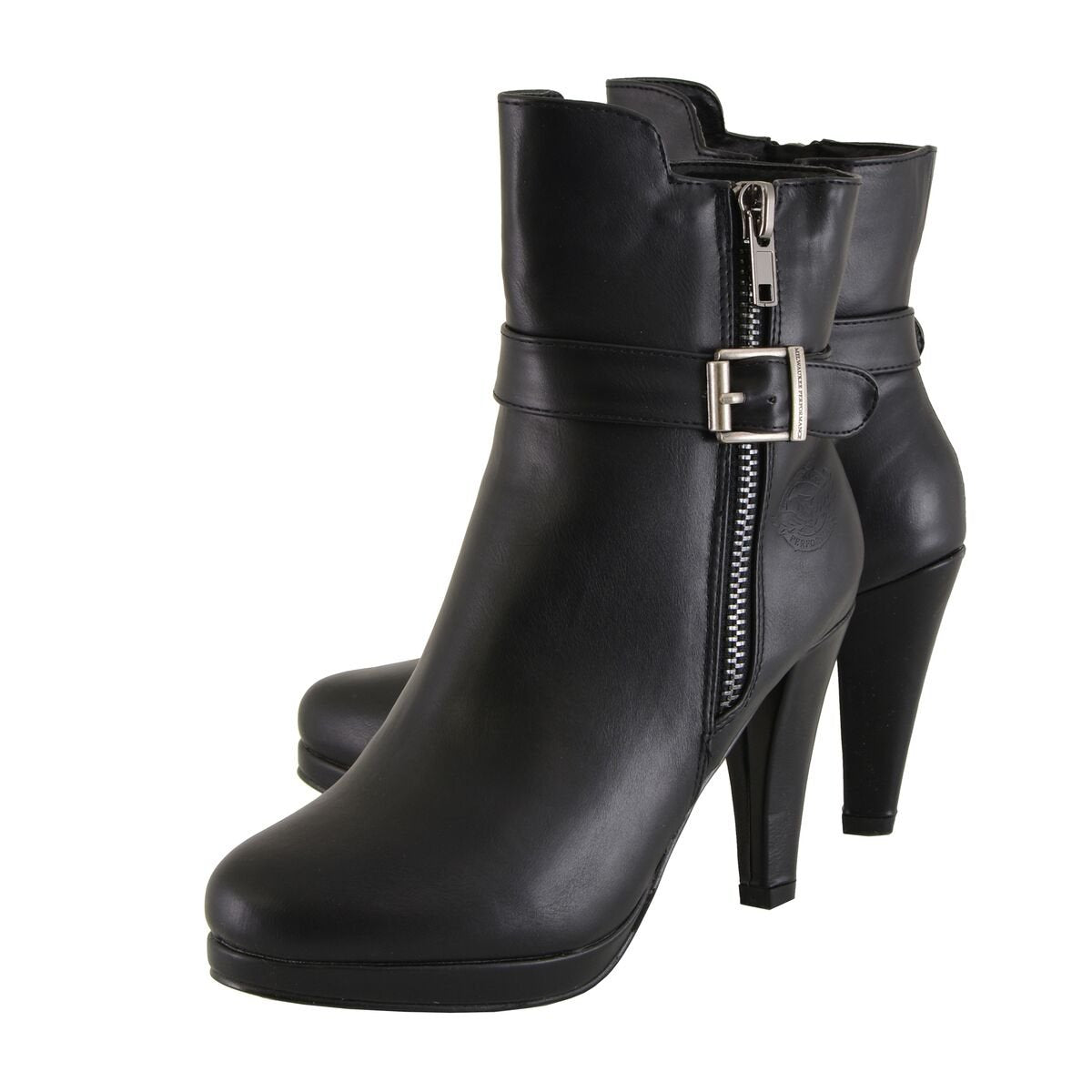 Womens Black Boots with Side Zipper Entry and Adjustable Buckle