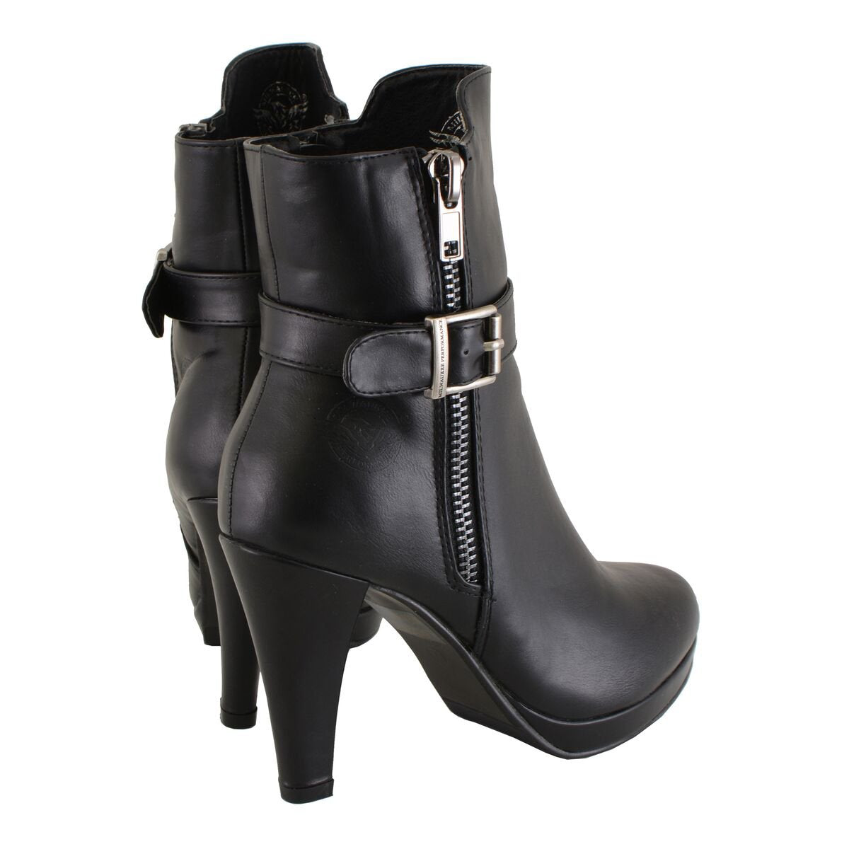 Womens Black Boots with Side Zipper Entry and Adjustable Buckle