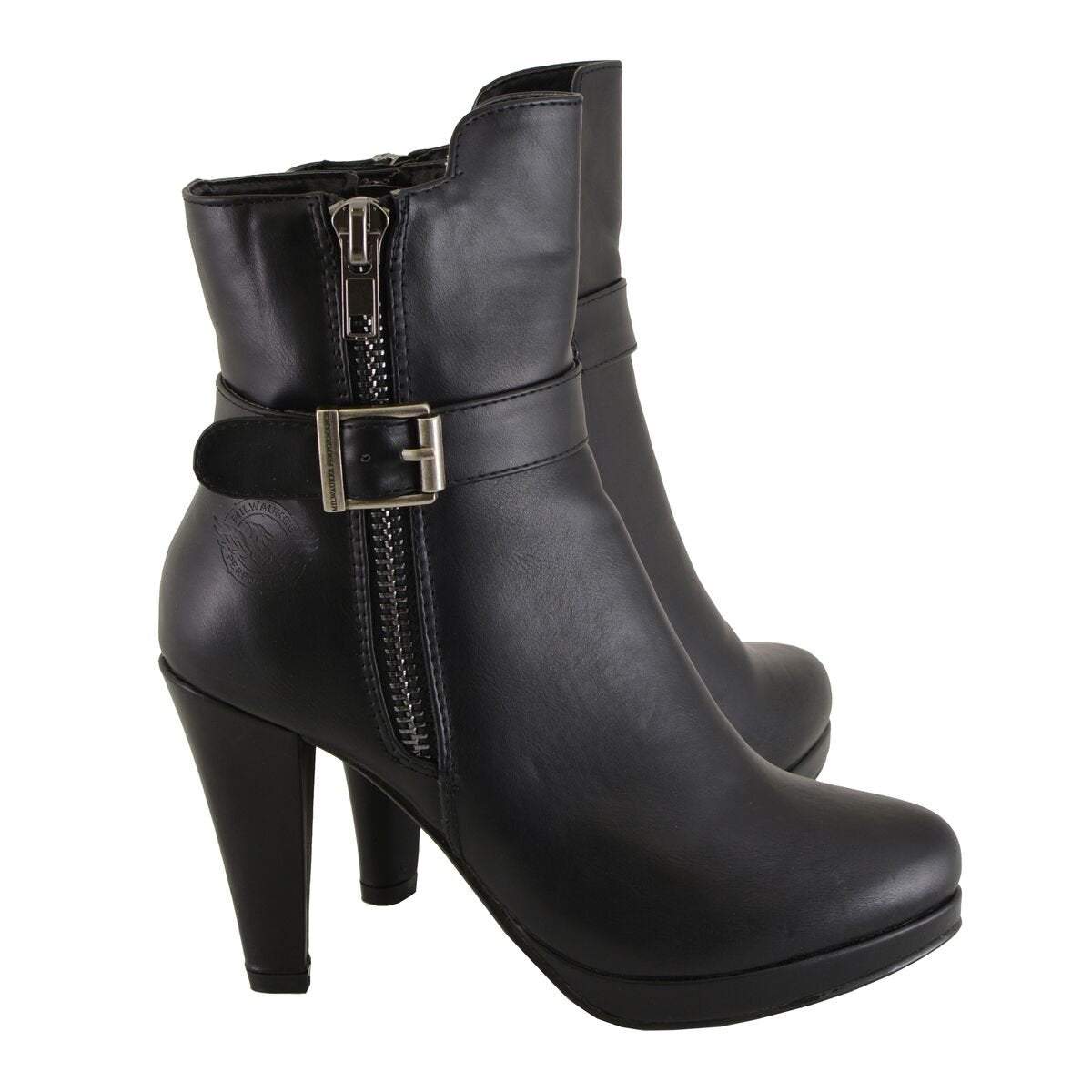 Womens Black Boots with Side Zipper Entry and Adjustable Buckle