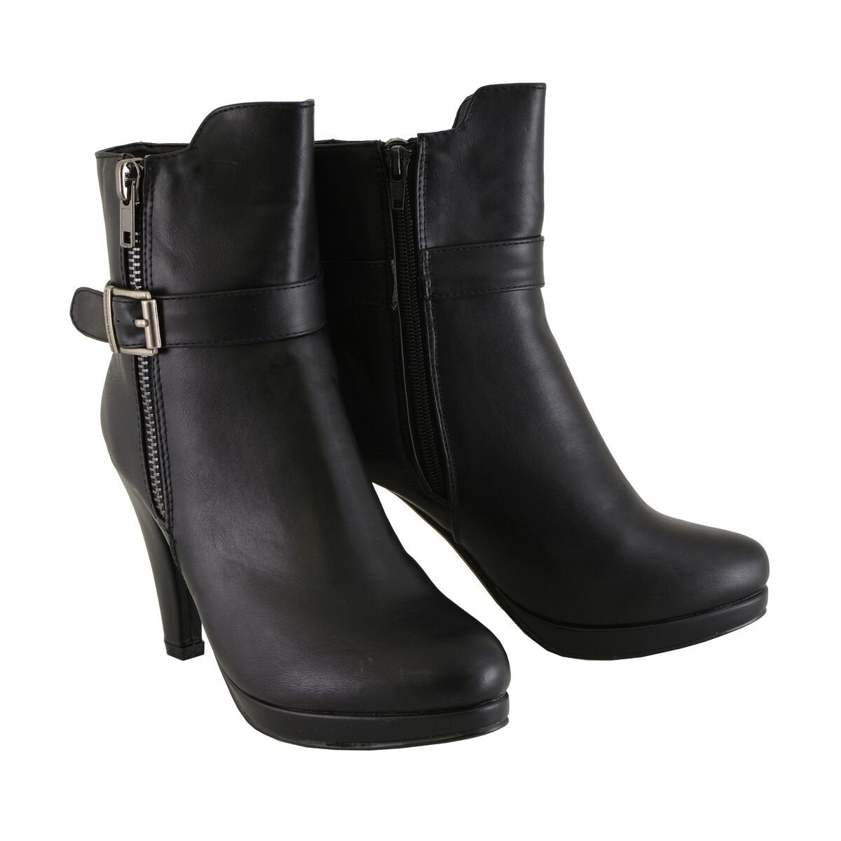 Womens Black Boots with Side Zipper Entry and Adjustable Buckle