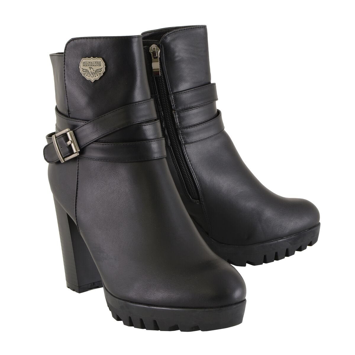 Milwaukee Performance MBL9435 Womens Black Double Strap Side Zipper Boots with Platform Heel