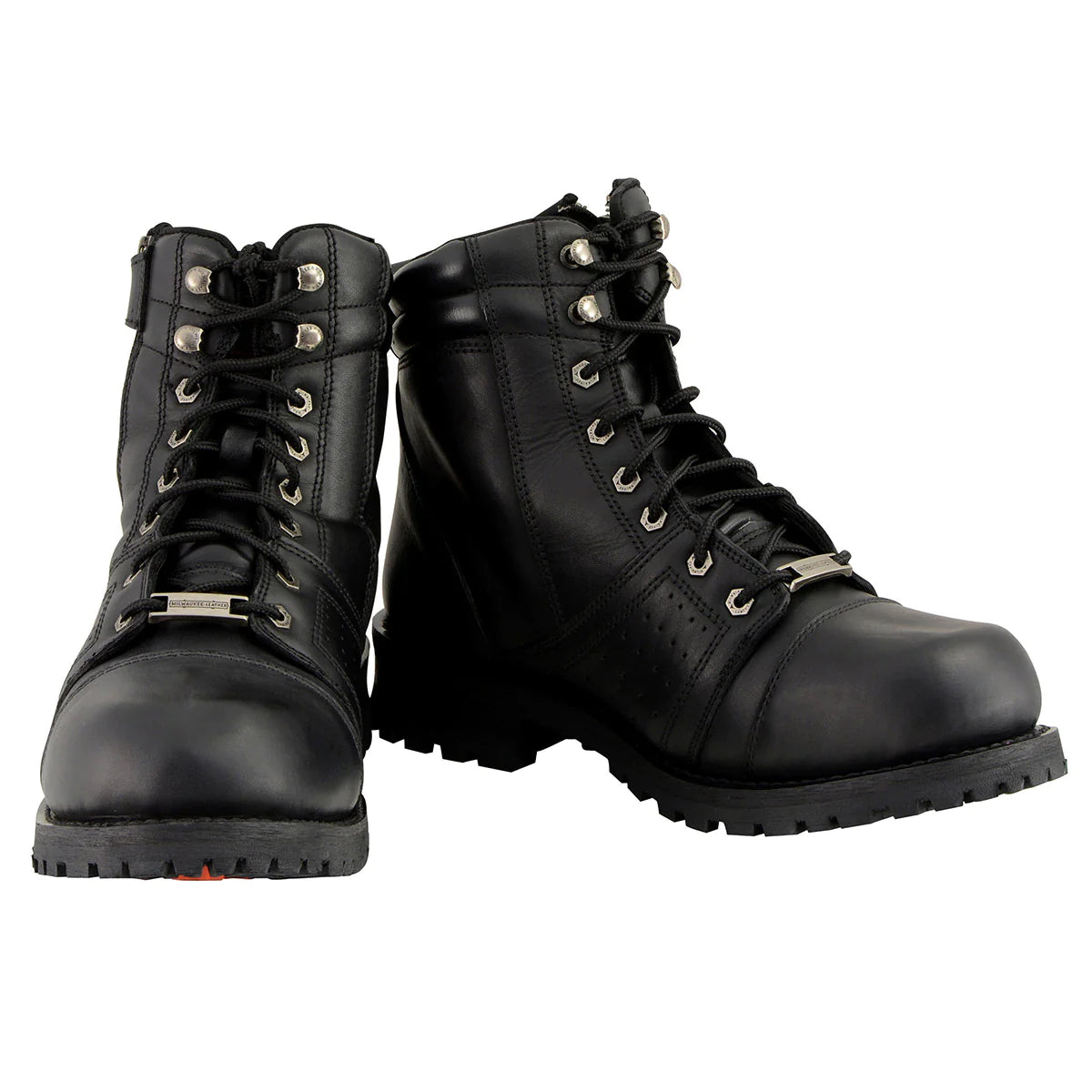 Men's Black Lace-Up Motorcycle Riding Leather Boots with Side Zipper Entry