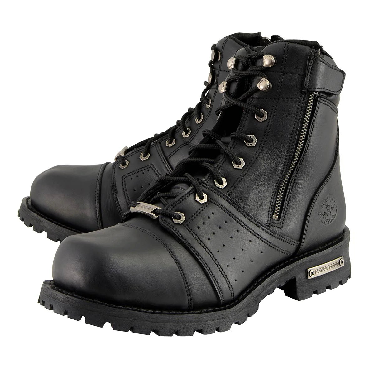 Men's Black Lace-Up Motorcycle Riding Leather Boots with Side Zipper Entry