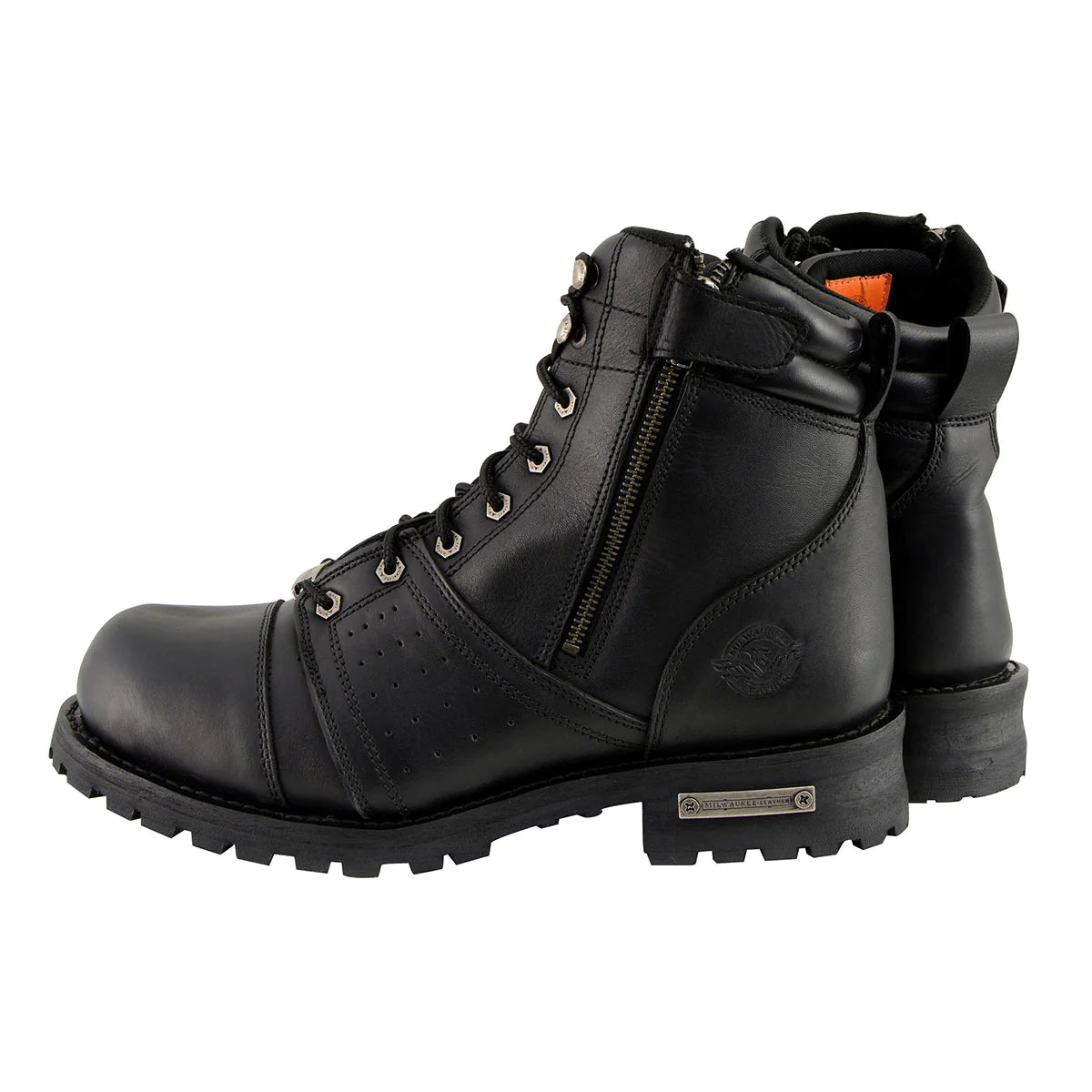 Men's Black Lace-Up 'Wide-Width' Motorcycle Leather Boots with Side Zipper Entry