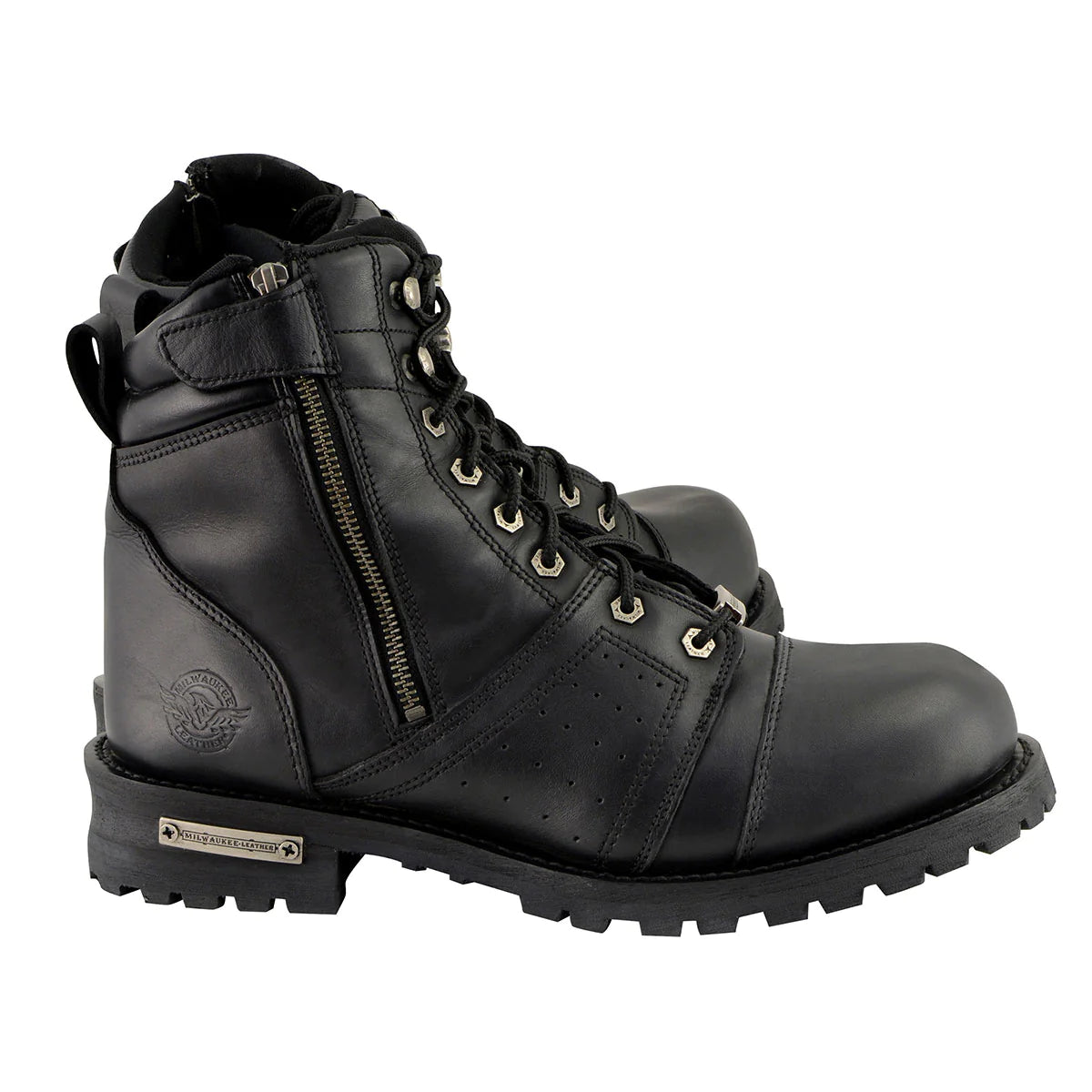 Men's Black Lace-Up 'Wide-Width' Motorcycle Leather Boots with Side Zipper Entry