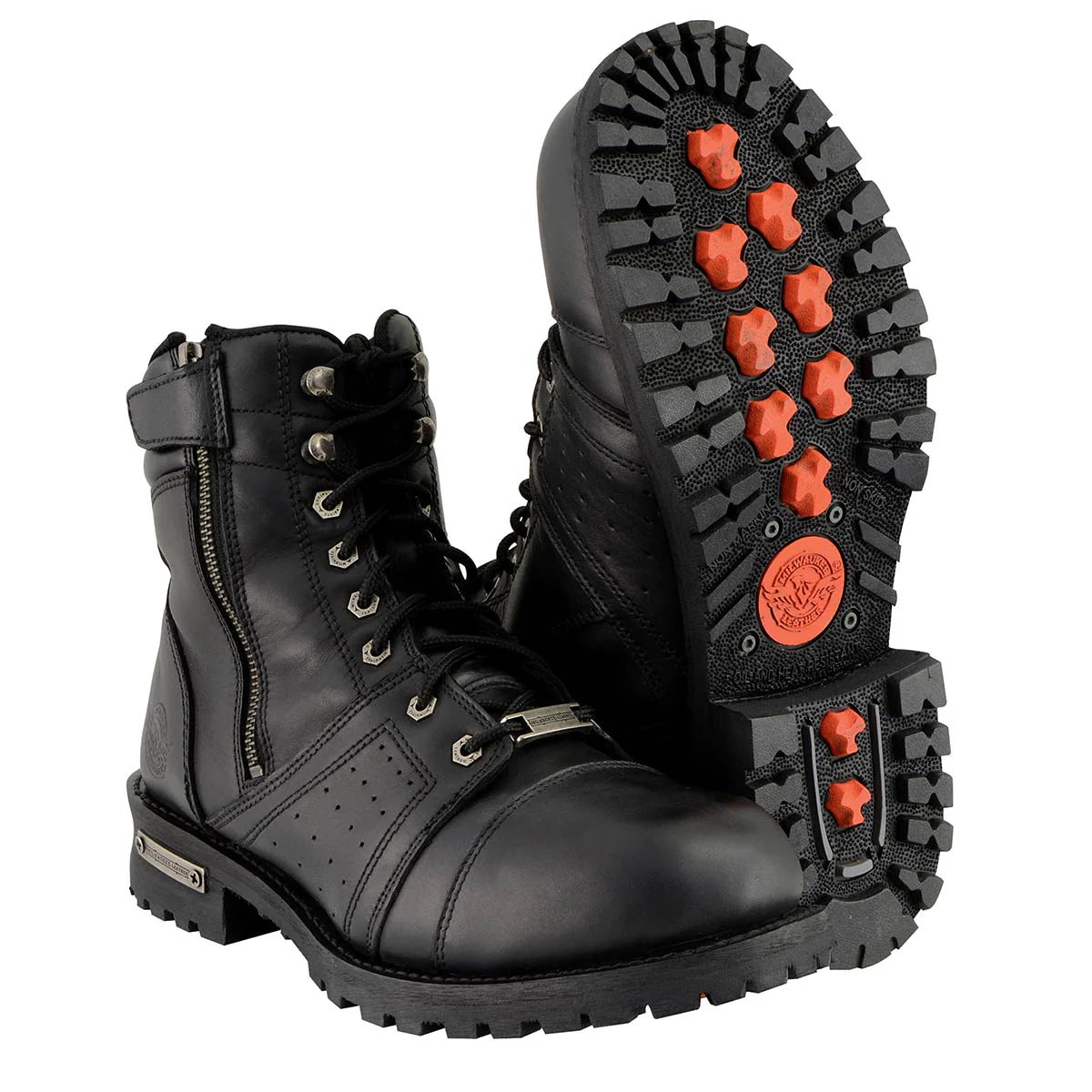 Men's Black Lace-Up 'Wide-Width' Motorcycle Leather Boots with Side Zipper Entry