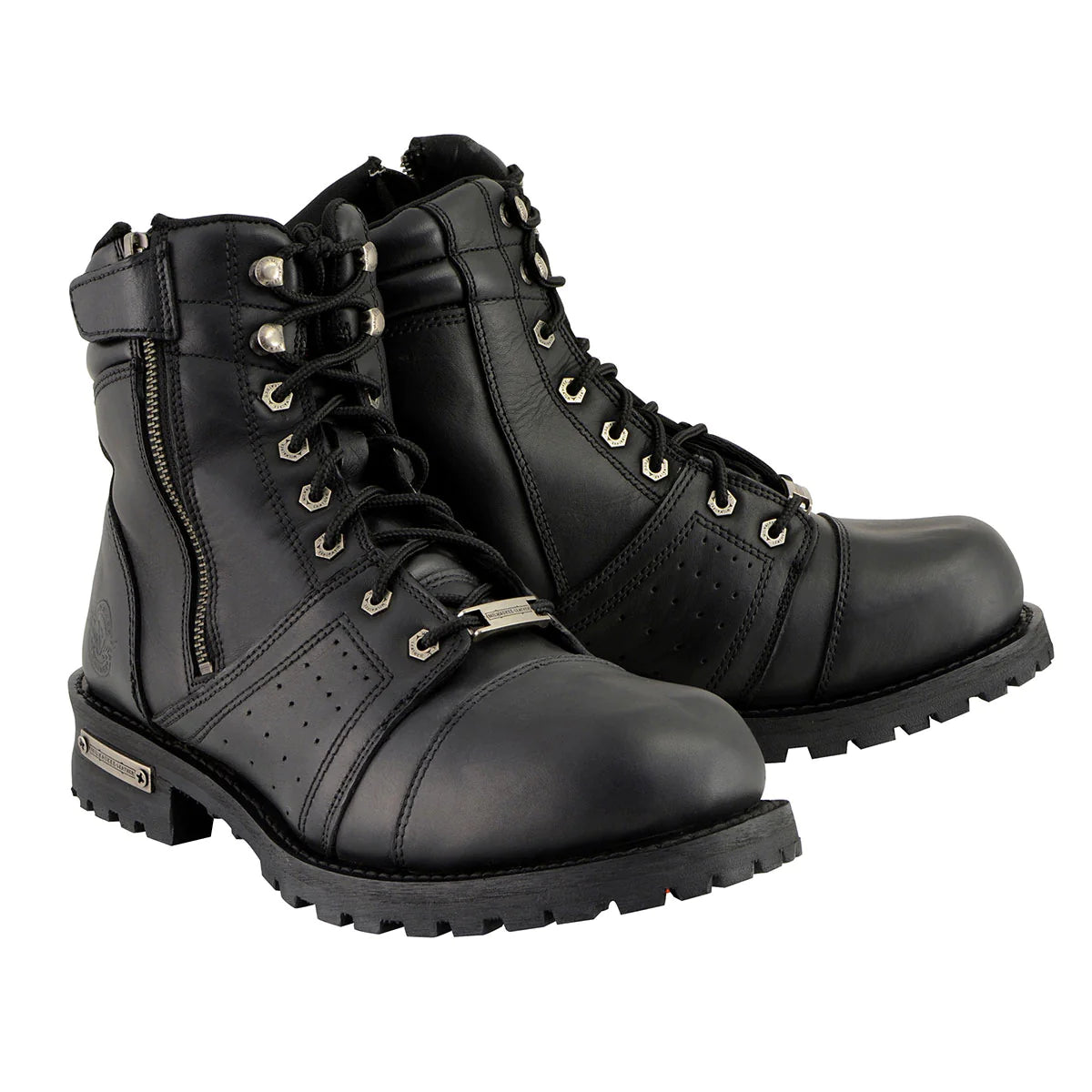 Men's Black Lace-Up 'Wide-Width' Motorcycle Leather Boots with Side Zipper Entry