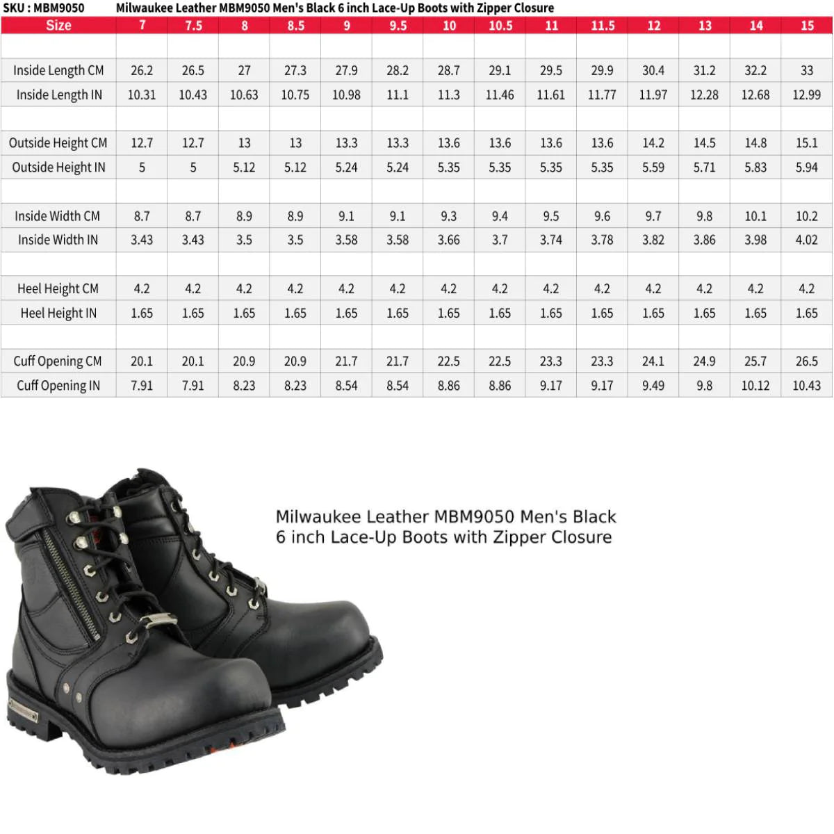 Men's Black 6-inch Lace-Up Boots with Zipper Closure