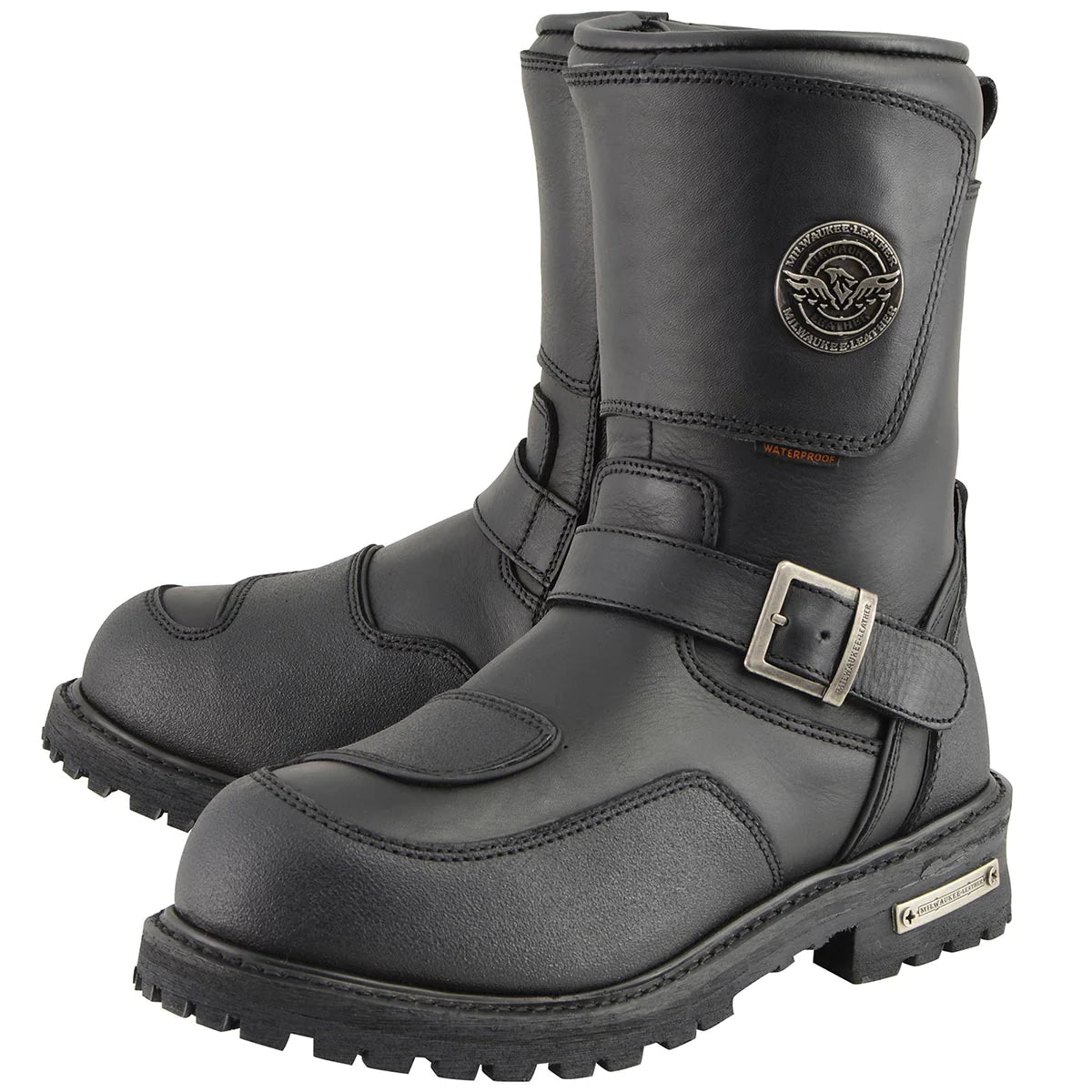 Men's Black 'Wide Width' 9-inch Waterproof Engineer Leather Boots with Reflective Piping