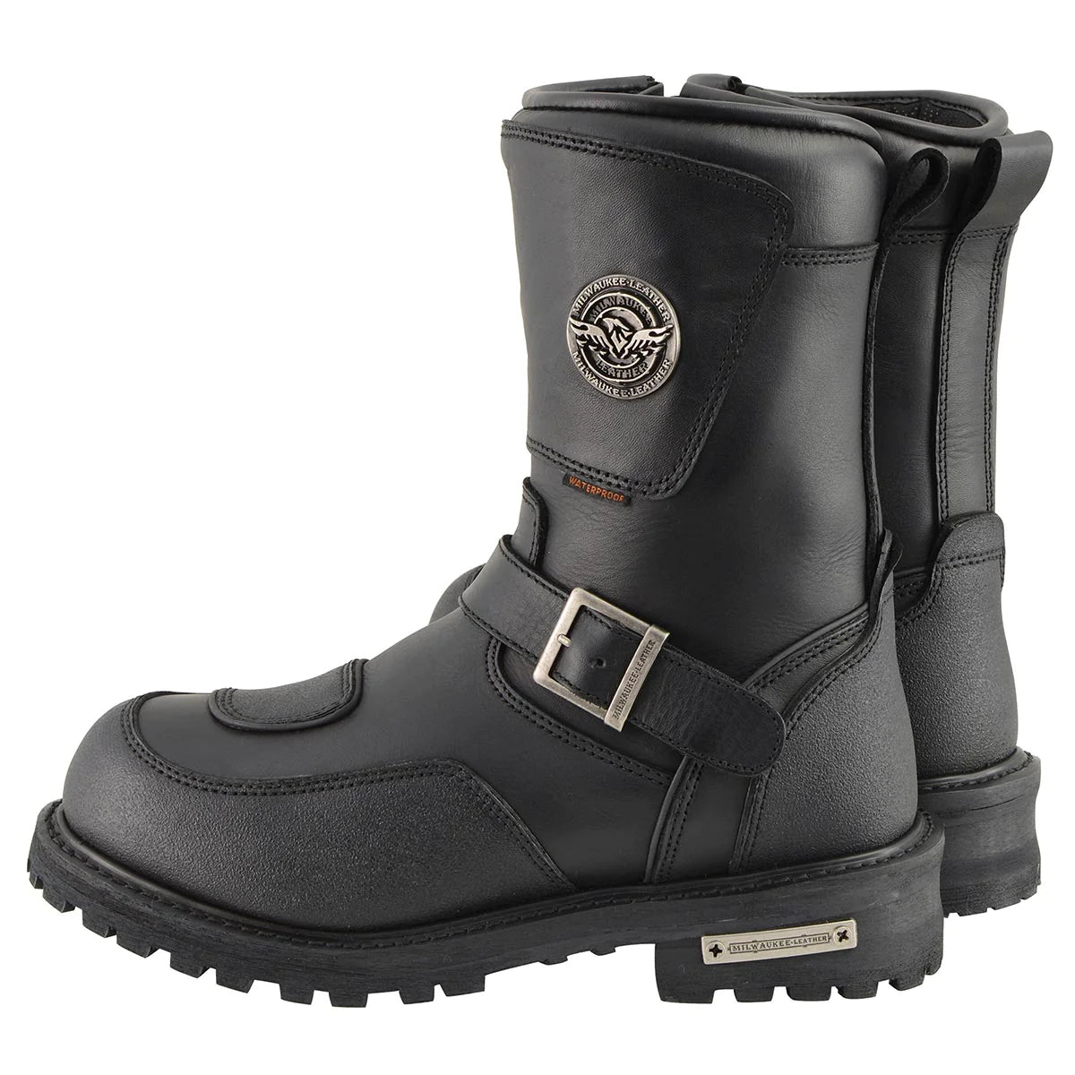 Men's Black 'Wide Width' 9-inch Waterproof Engineer Leather Boots with Reflective Piping