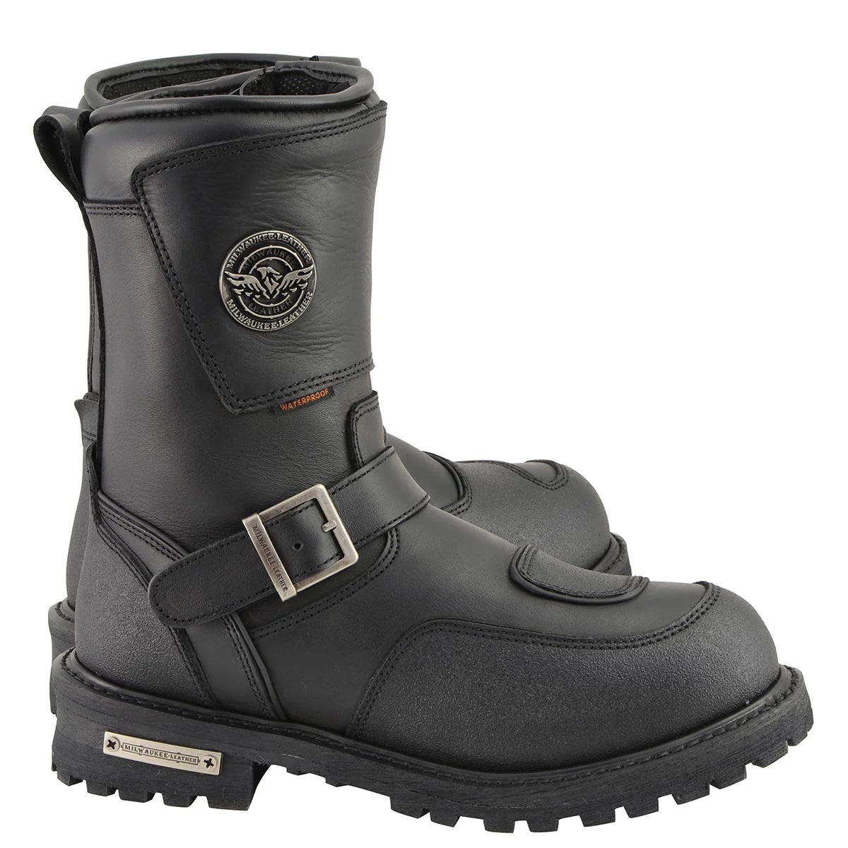 Men's Black 'Wide Width' 9-inch Waterproof Engineer Leather Boots with Reflective Piping