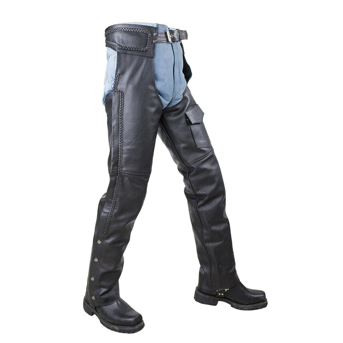 VANCE LEATHER BASIC ECONOMY LEATHER CHAPS WITH BRAID TRIM