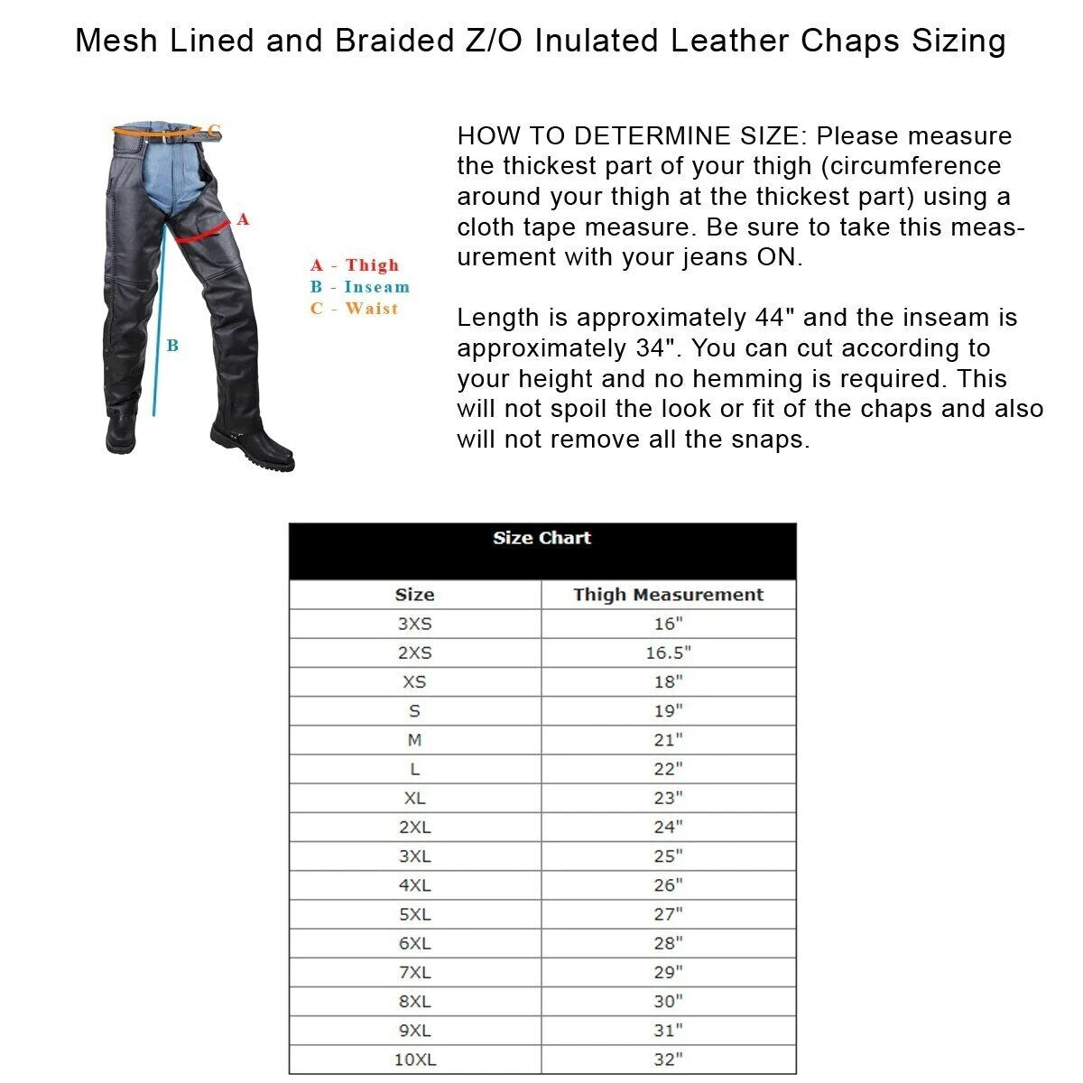 VANCE LEATHER BASIC ECONOMY LEATHER CHAPS WITH BRAID TRIM