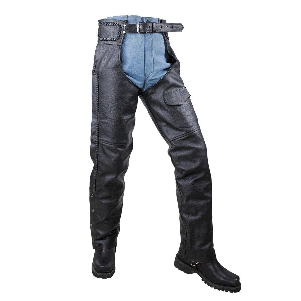 VANCE LEATHER BASIC ECONOMY LEATHER CHAPS WITH BRAID TRIM