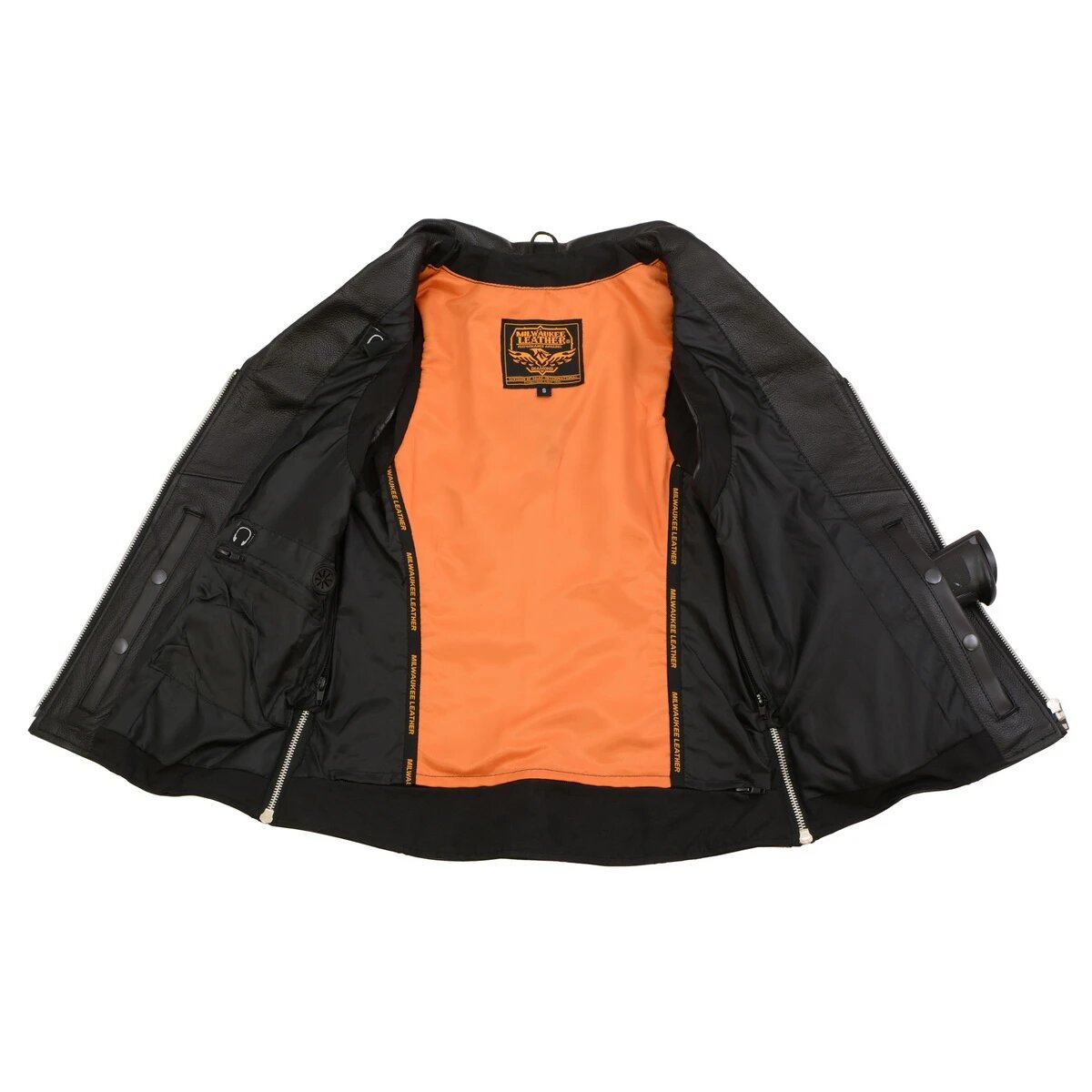 Ladies Black Leather Vest with Riveted Lapel Collar