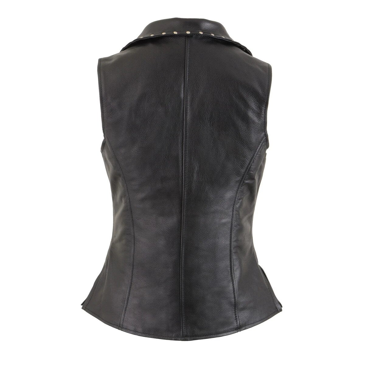 Ladies Black Leather Vest with Riveted Lapel Collar
