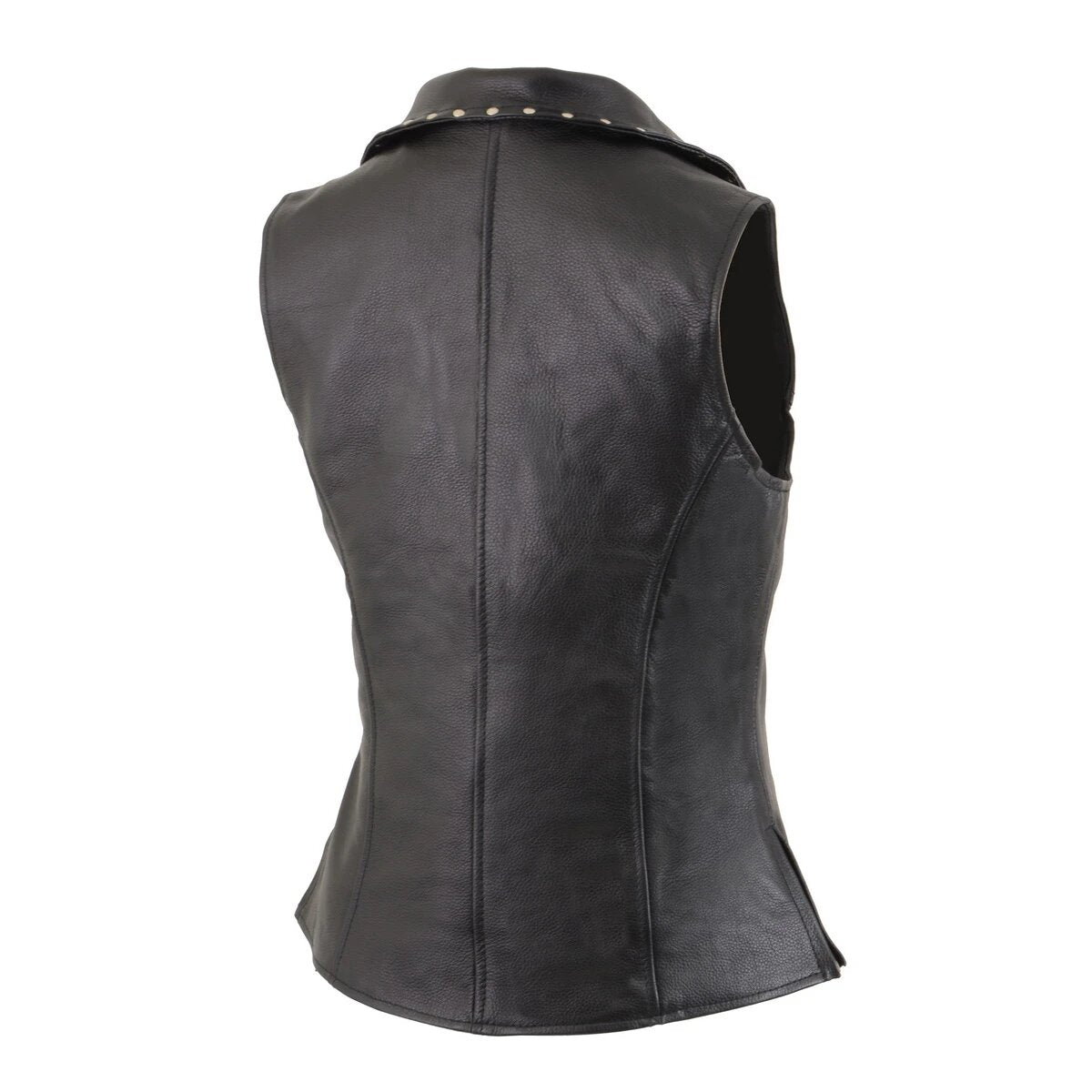 Ladies Black Leather Vest with Riveted Lapel Collar