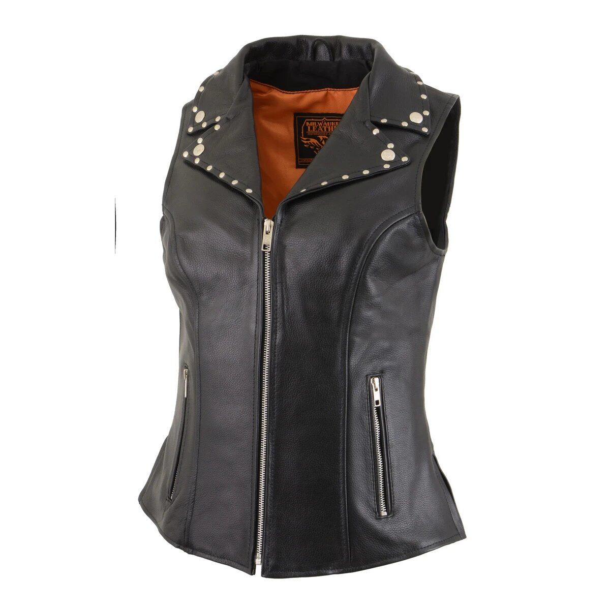 Ladies Black Leather Vest with Riveted Lapel Collar