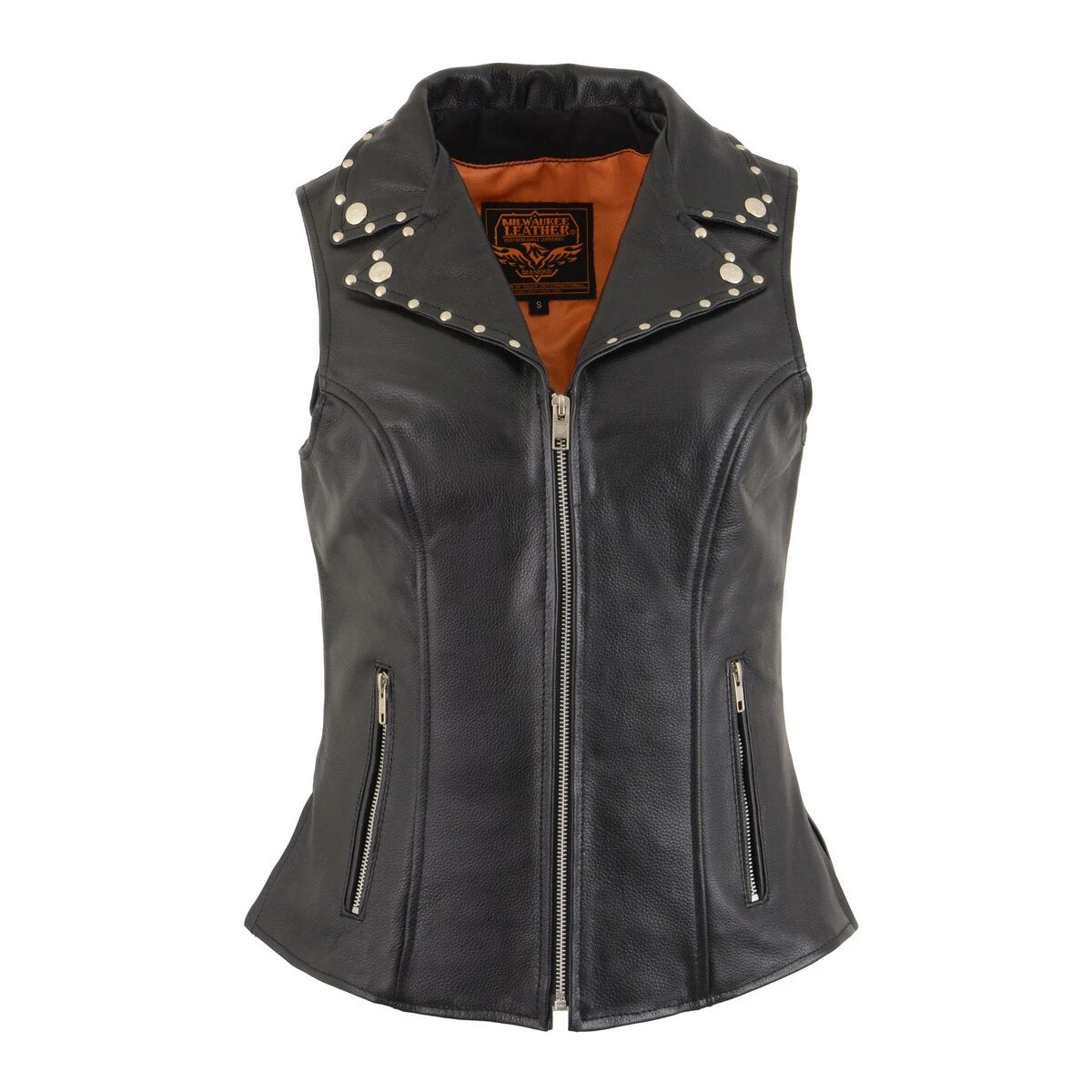 Ladies Black Leather Vest with Riveted Lapel Collar