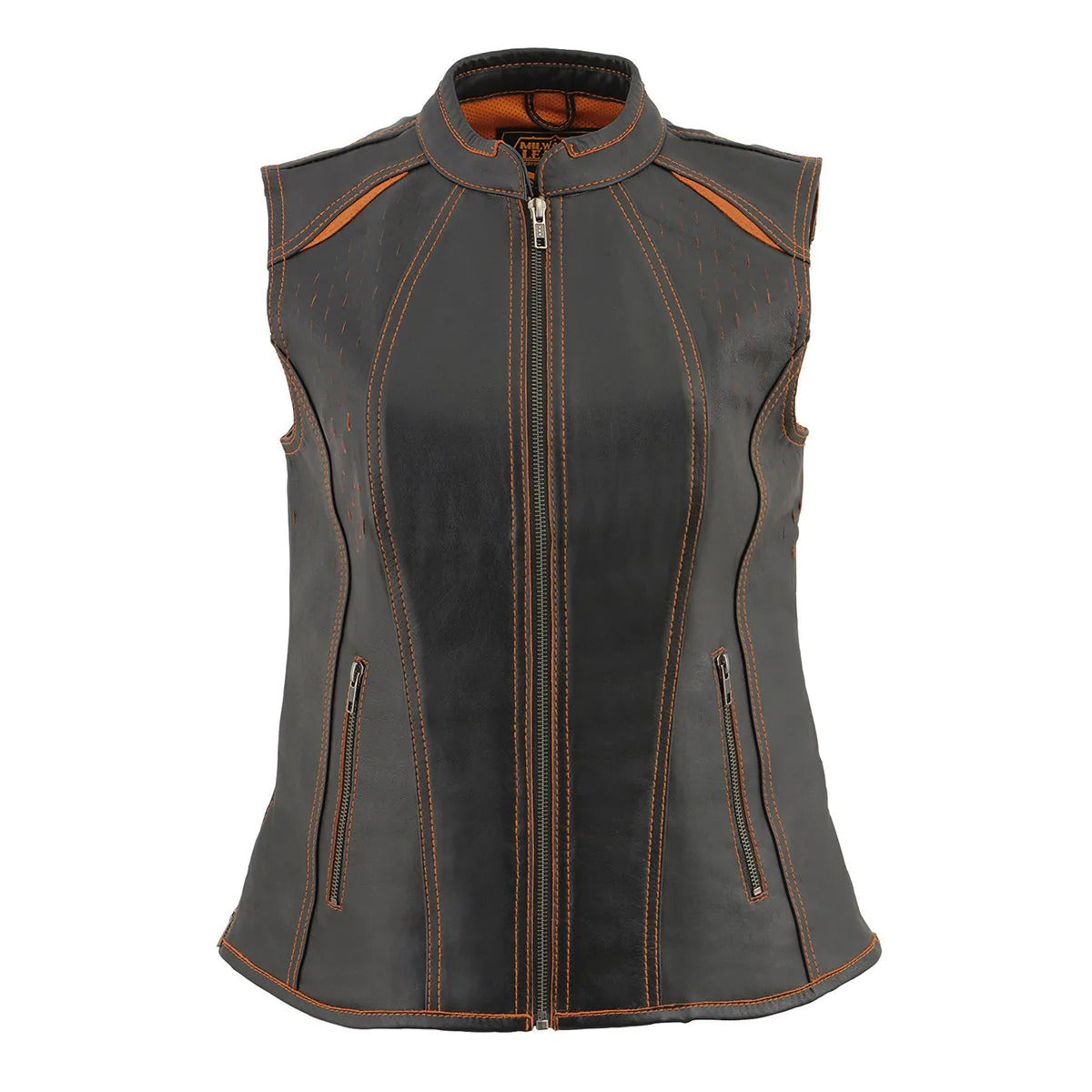 Milwaukee Leather MLL4507 Women's 'Laser Cut' Distressed Black and Orange Scuba Style Vest